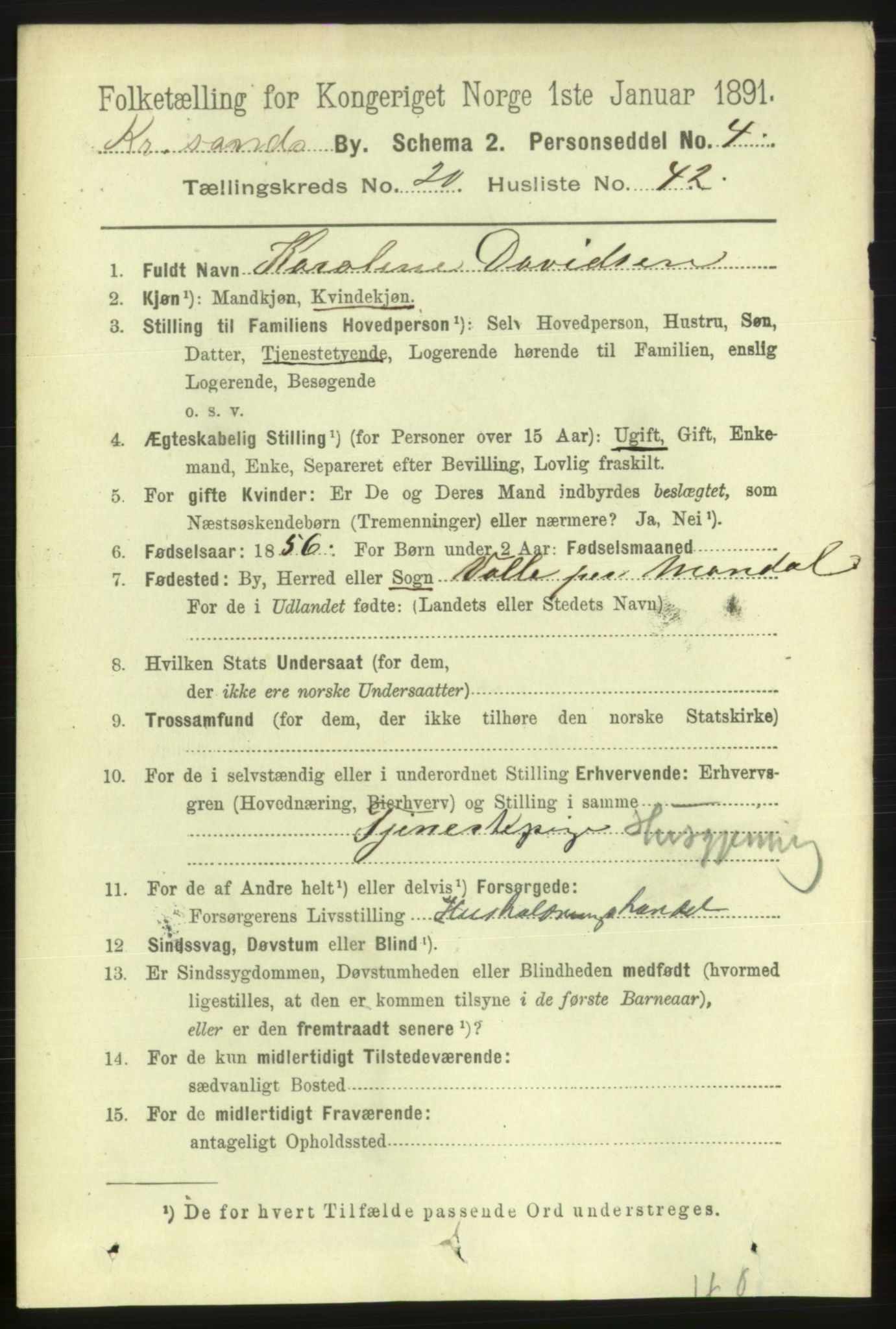 RA, 1891 census for 1001 Kristiansand, 1891, p. 7850