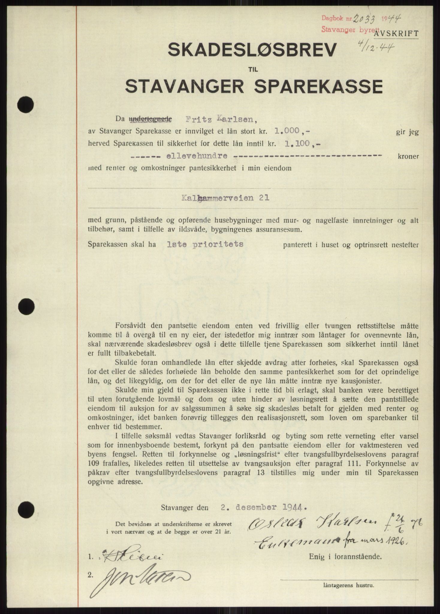 Stavanger byrett, SAST/A-100455/002/G/Gb/L0032: Mortgage book, 1947-1950, Diary no: : 2033/1947