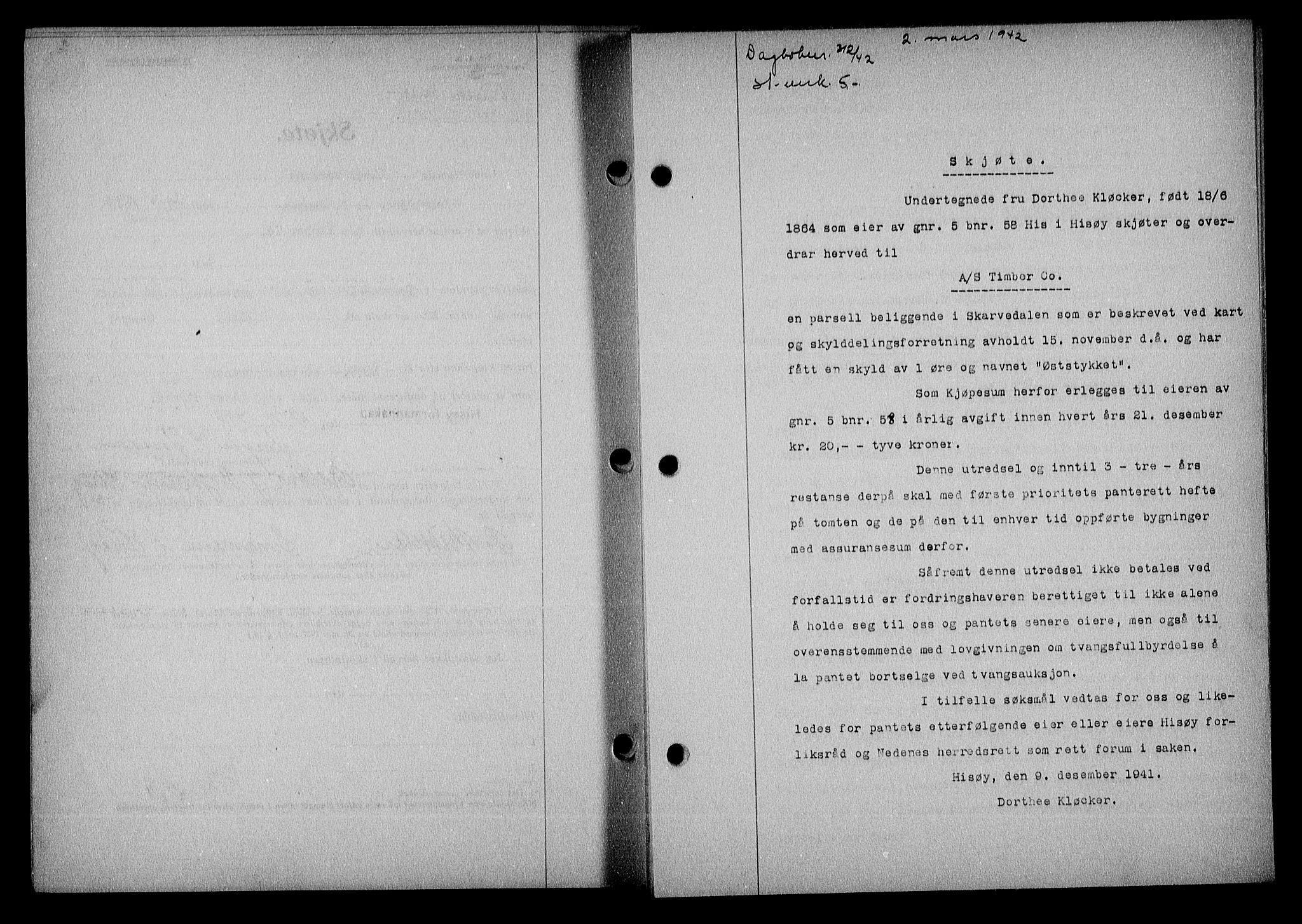 Nedenes sorenskriveri, SAK/1221-0006/G/Gb/Gba/L0049: Mortgage book no. A-III, 1941-1942, Diary no: : 312/1942