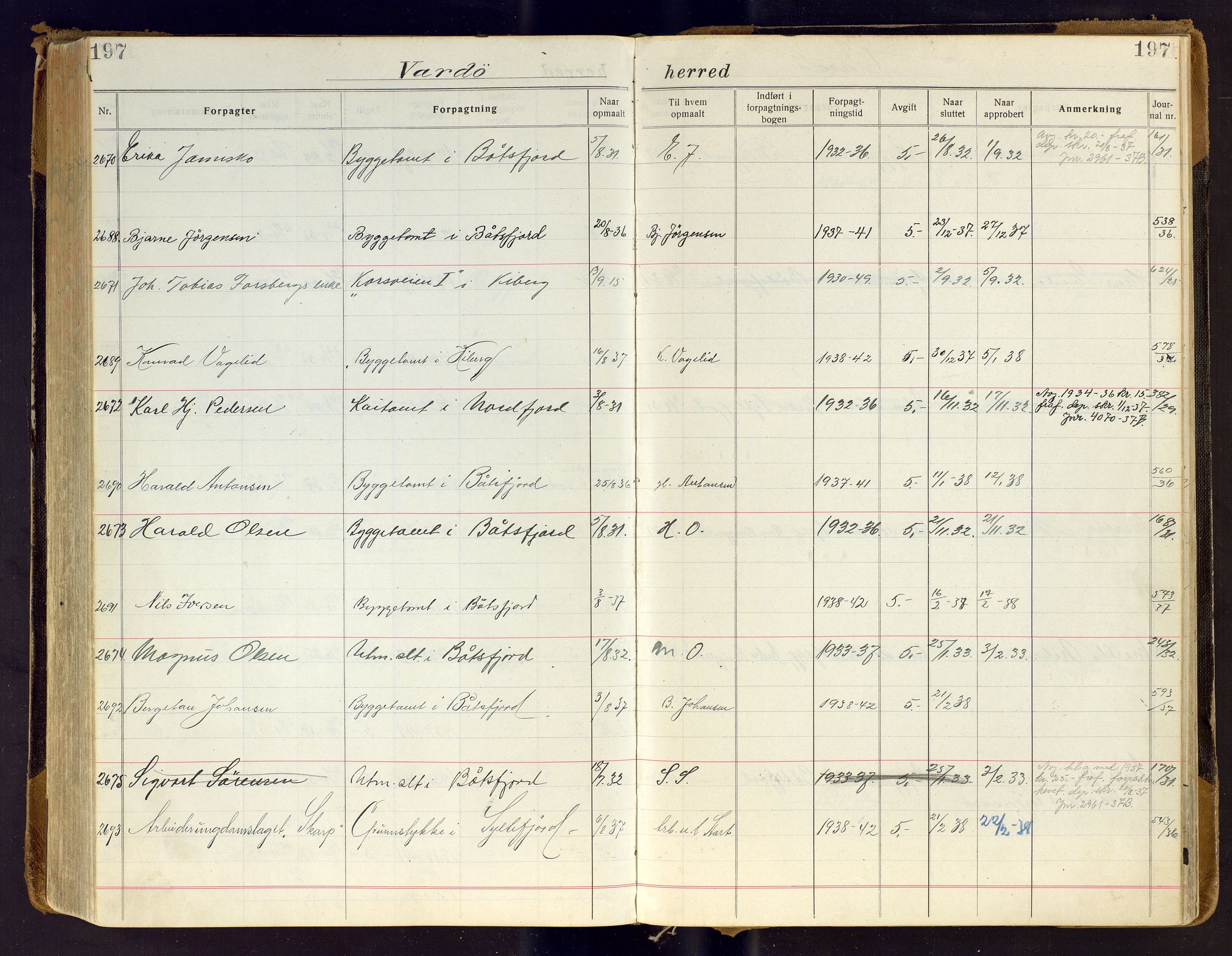 Finnmark jordsalgskommisjon/jordsalgskontor og Statskog SF Finnmark jordsalgskontor, AV/SATØ-S-1443/J/Ja/L0007: Forpaktningsbok for Finnmark III, 1913-1937, p. 197