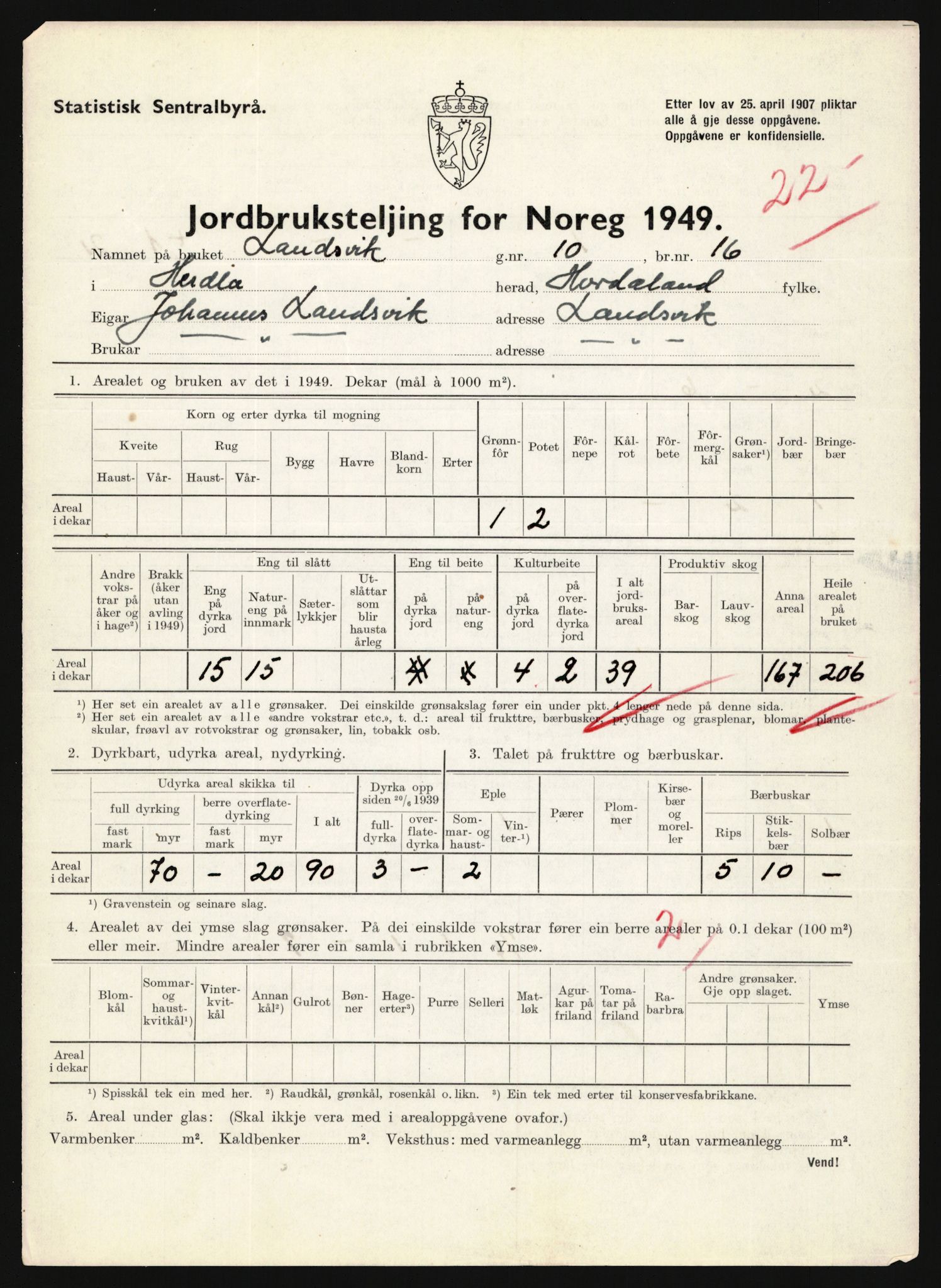 Statistisk sentralbyrå, Næringsøkonomiske emner, Jordbruk, skogbruk, jakt, fiske og fangst, AV/RA-S-2234/G/Gc/L0276: Hordaland: Herdla og Hjelme, 1949, p. 1072