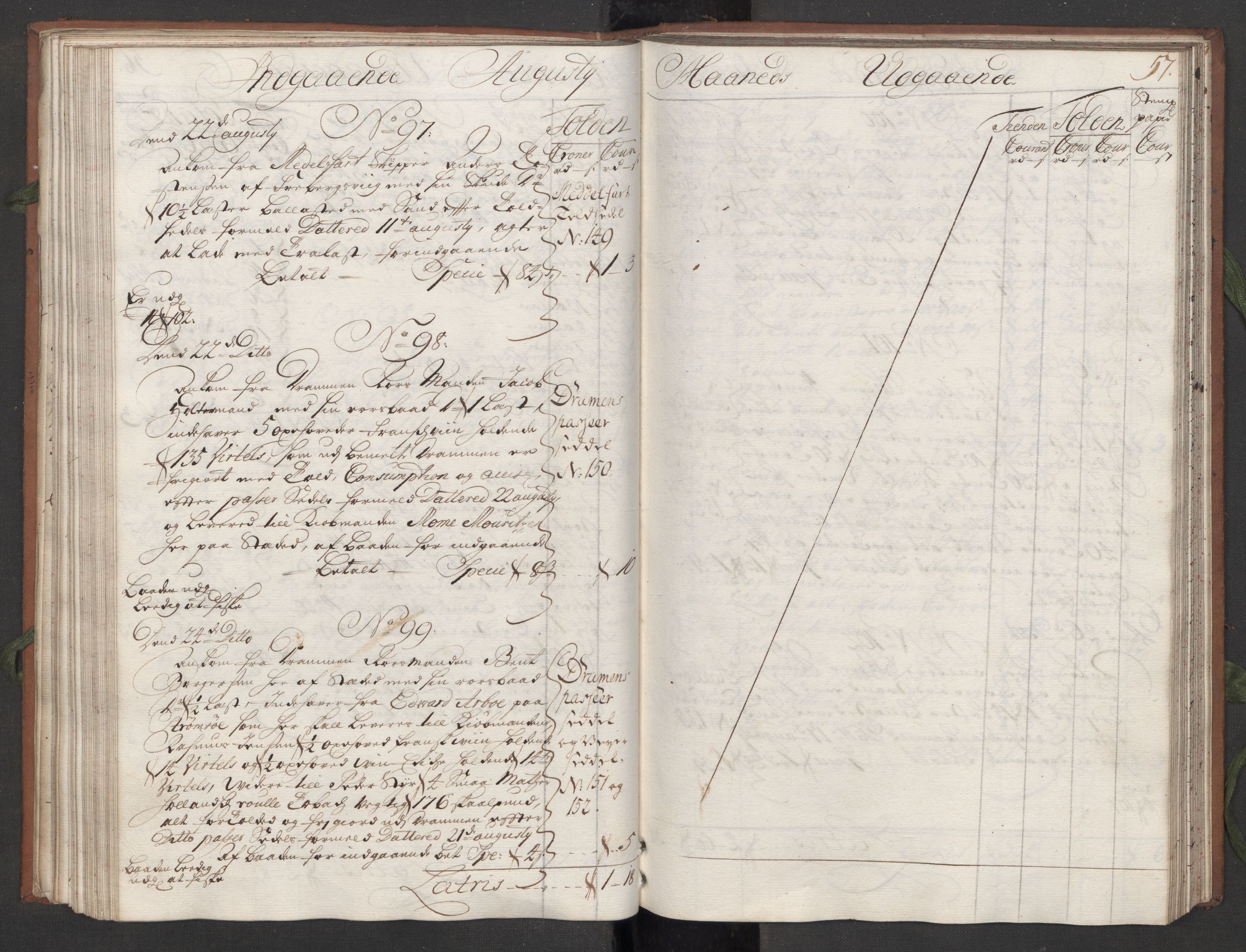 Generaltollkammeret, tollregnskaper, AV/RA-EA-5490/R09/L0008/0001: Tollregnskaper Holmestrand / Hovedtollbok, 1733, p. 56b-57a