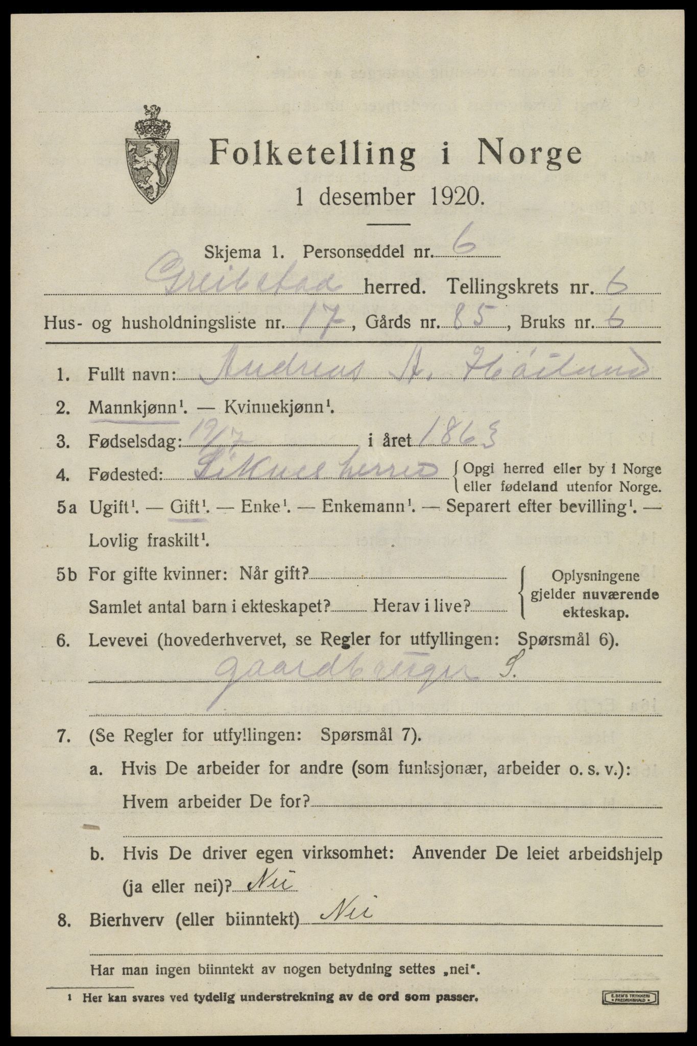 SAK, 1920 census for Greipstad, 1920, p. 2080