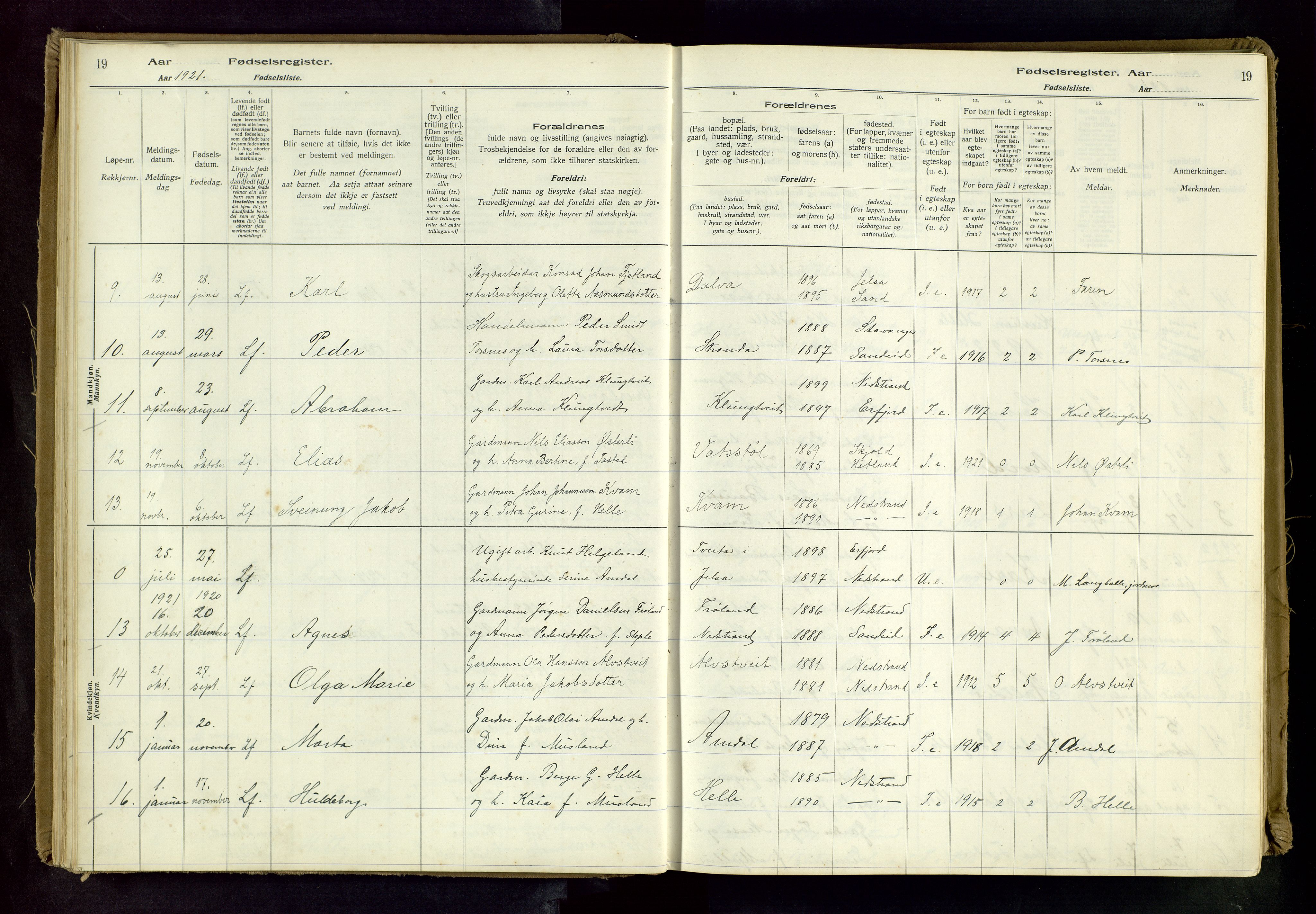 Nedstrand sokneprestkontor, AV/SAST-A-101841/03/C/L0001: Birth register no. 1, 1916-1981, p. 19