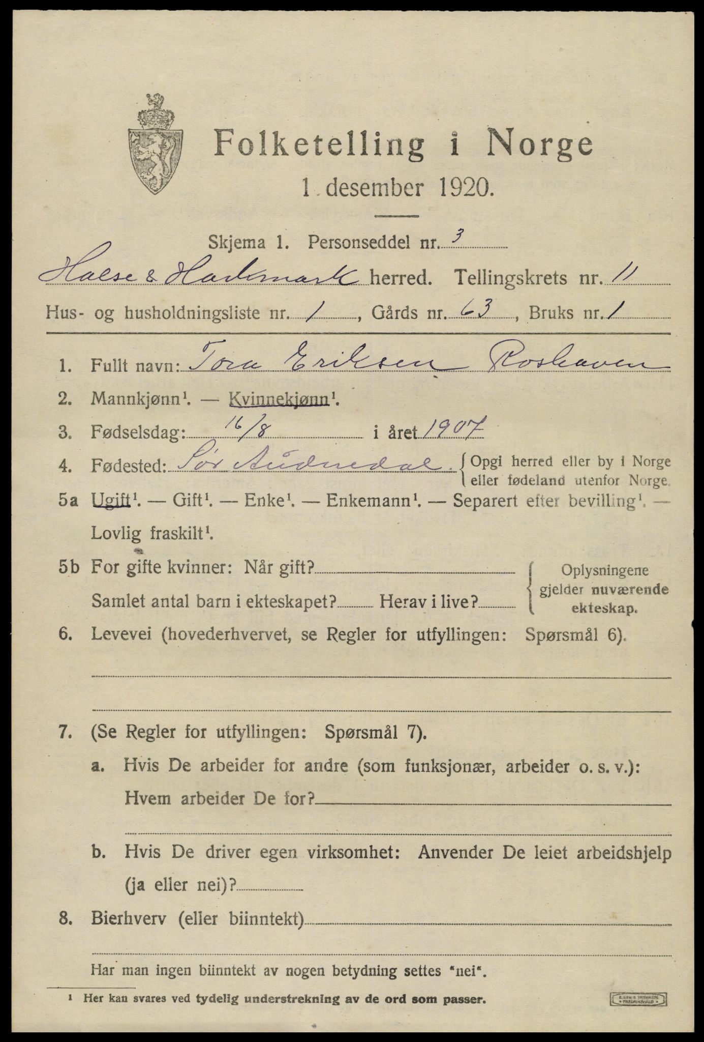 SAK, 1920 census for Halse og Harkmark, 1920, p. 6173