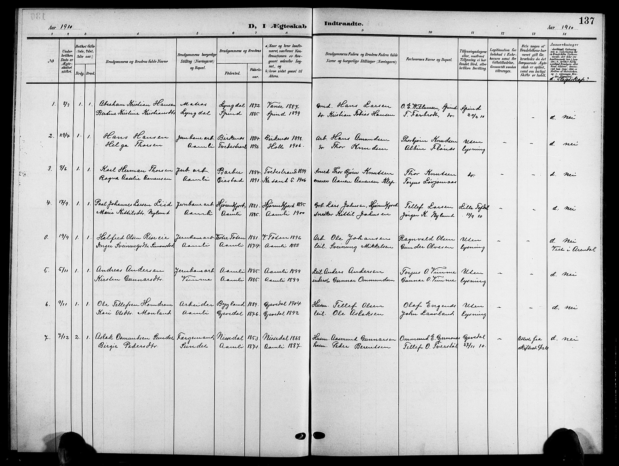Åmli sokneprestkontor, SAK/1111-0050/F/Fb/Fbc/L0005: Parish register (copy) no. B 5, 1903-1916, p. 137