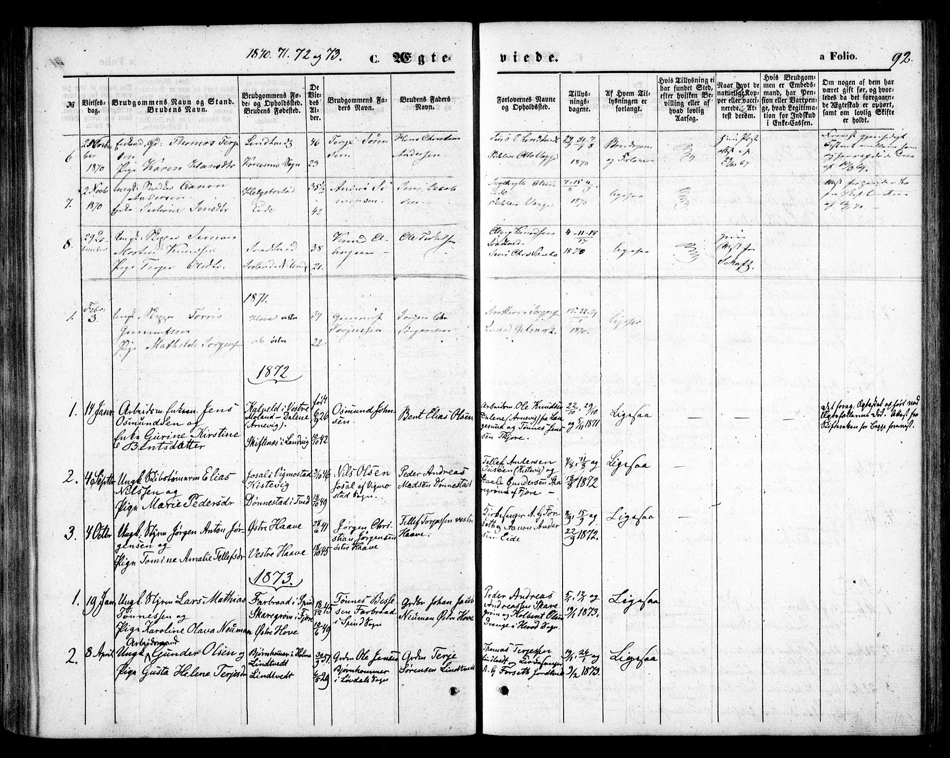 Hommedal sokneprestkontor, AV/SAK-1111-0023/F/Fa/Faa/L0002: Parish register (official) no. A 2, 1861-1884, p. 92