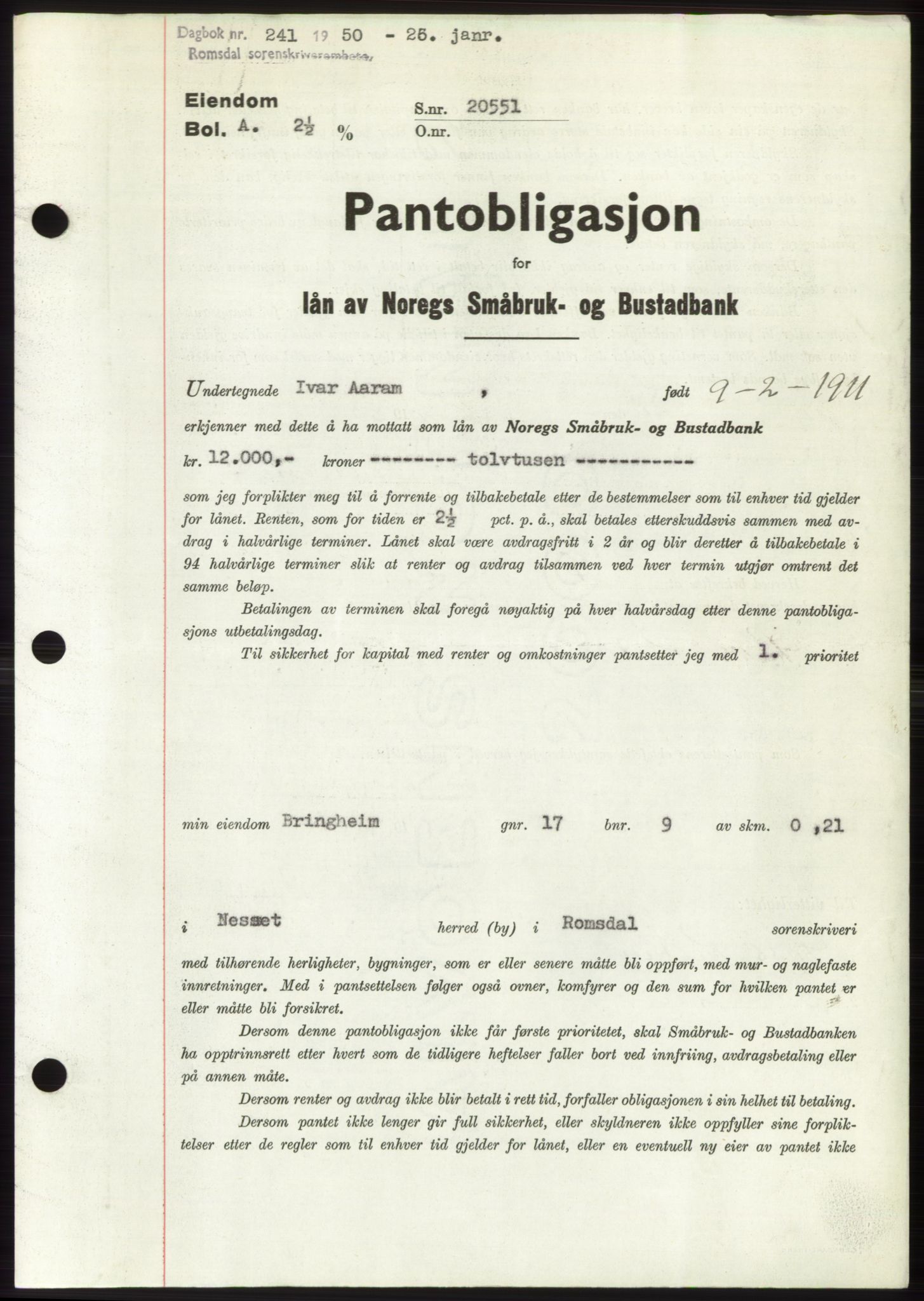 Romsdal sorenskriveri, AV/SAT-A-4149/1/2/2C: Mortgage book no. B5, 1949-1950, Diary no: : 241/1950