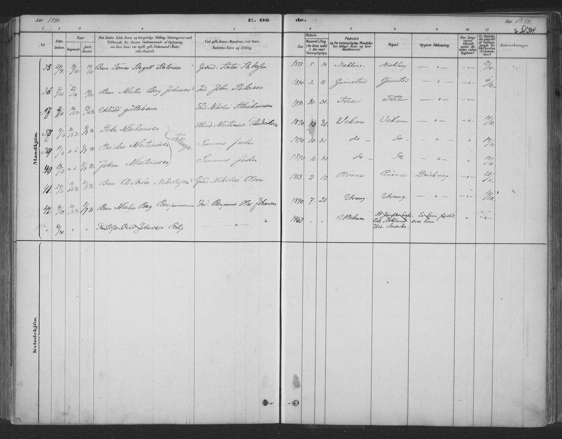 Ministerialprotokoller, klokkerbøker og fødselsregistre - Nordland, AV/SAT-A-1459/891/L1302: Parish register (official) no. 891A07, 1878-1895, p. 384