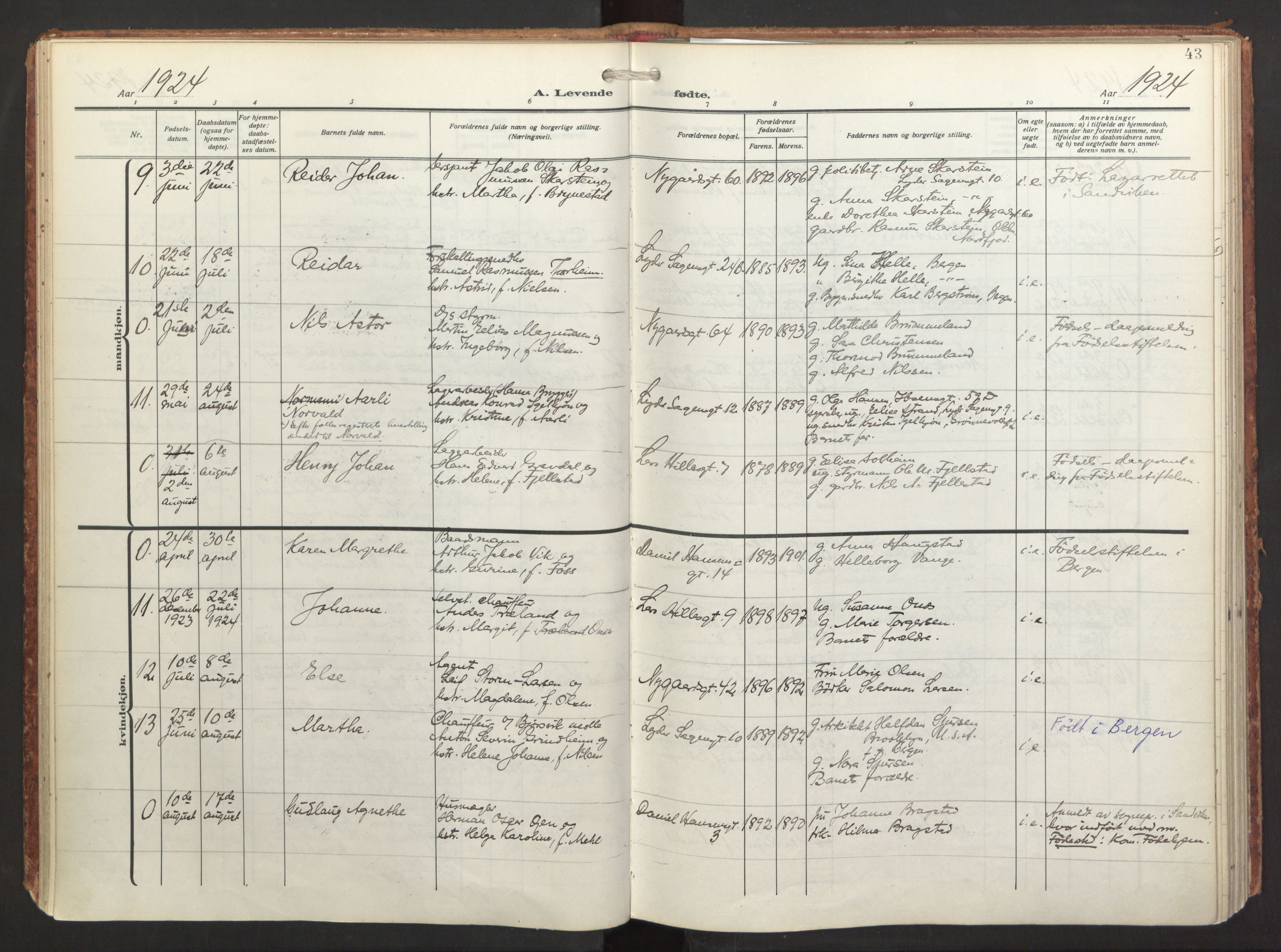 St. Jacob sokneprestembete, AV/SAB-A-78001/H/Haa/L0001: Parish register (official) no. A 1, 1917-1952, p. 43