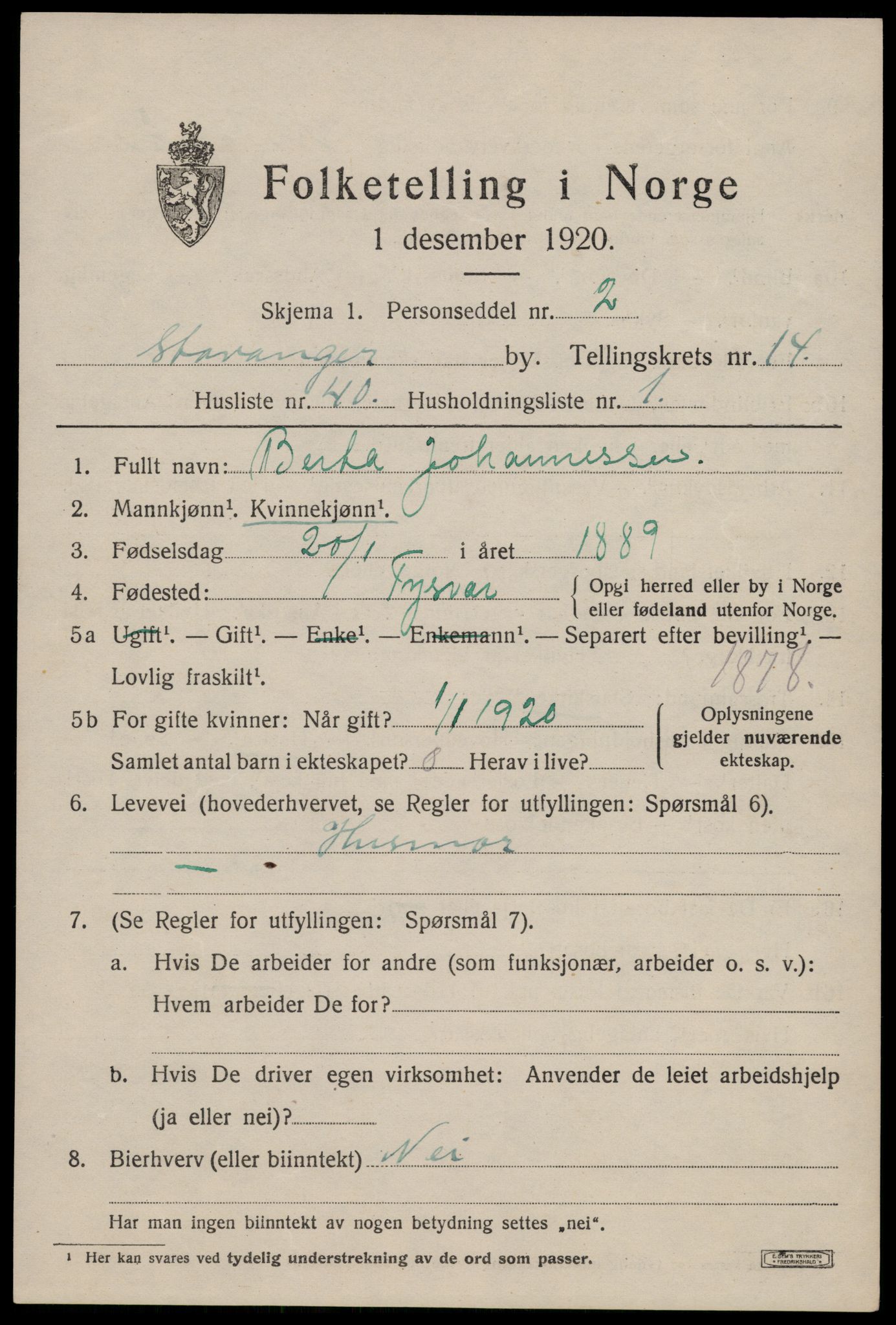 SAST, 1920 census for Stavanger, 1920, p. 60326