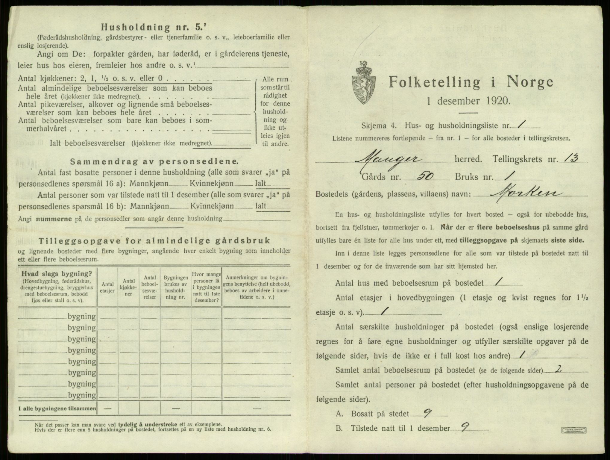 SAB, 1920 census for Manger, 1920, p. 1014
