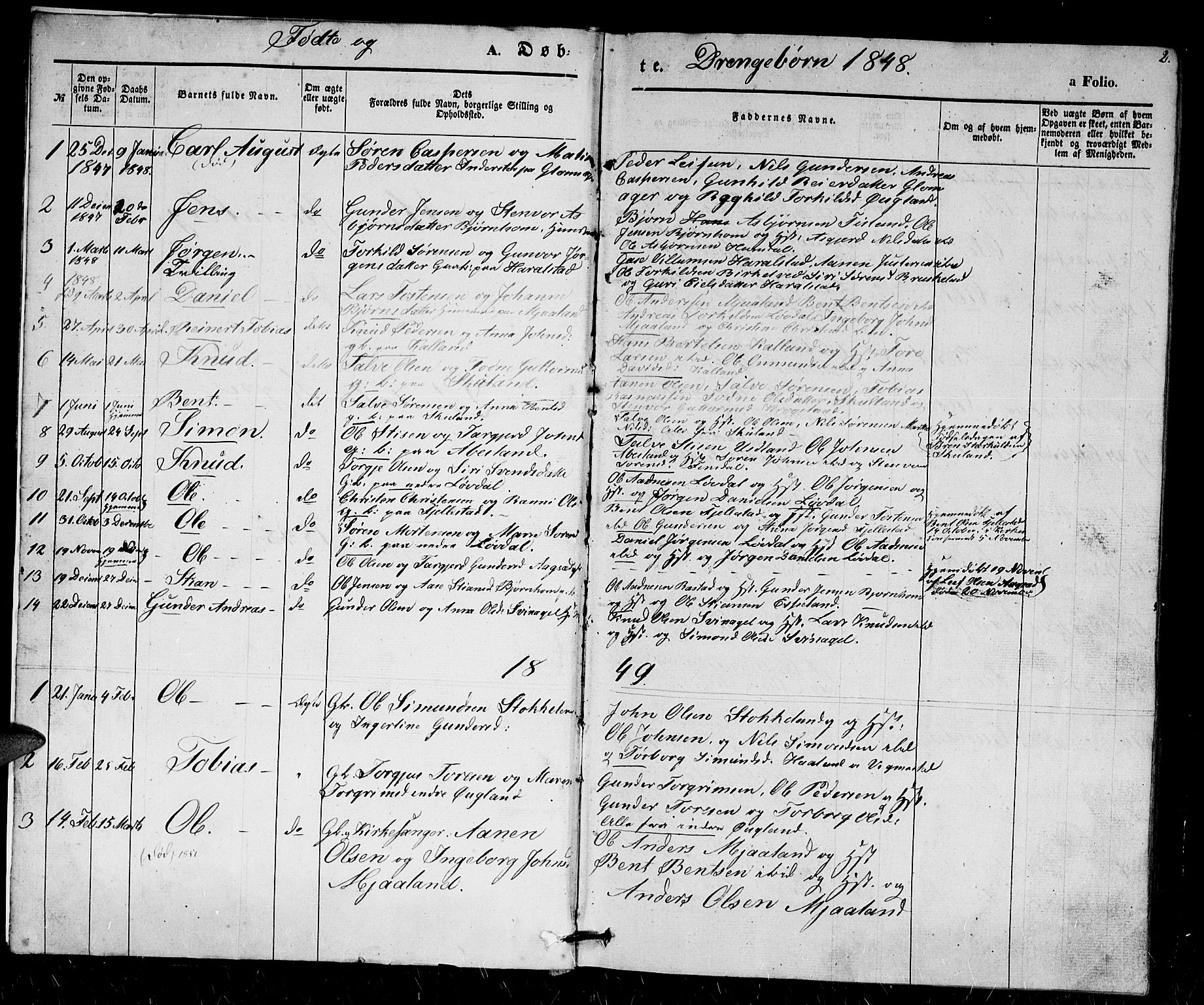 Holum sokneprestkontor, AV/SAK-1111-0022/F/Fb/Fbb/L0002: Parish register (copy) no. B 2, 1847-1874, p. 2