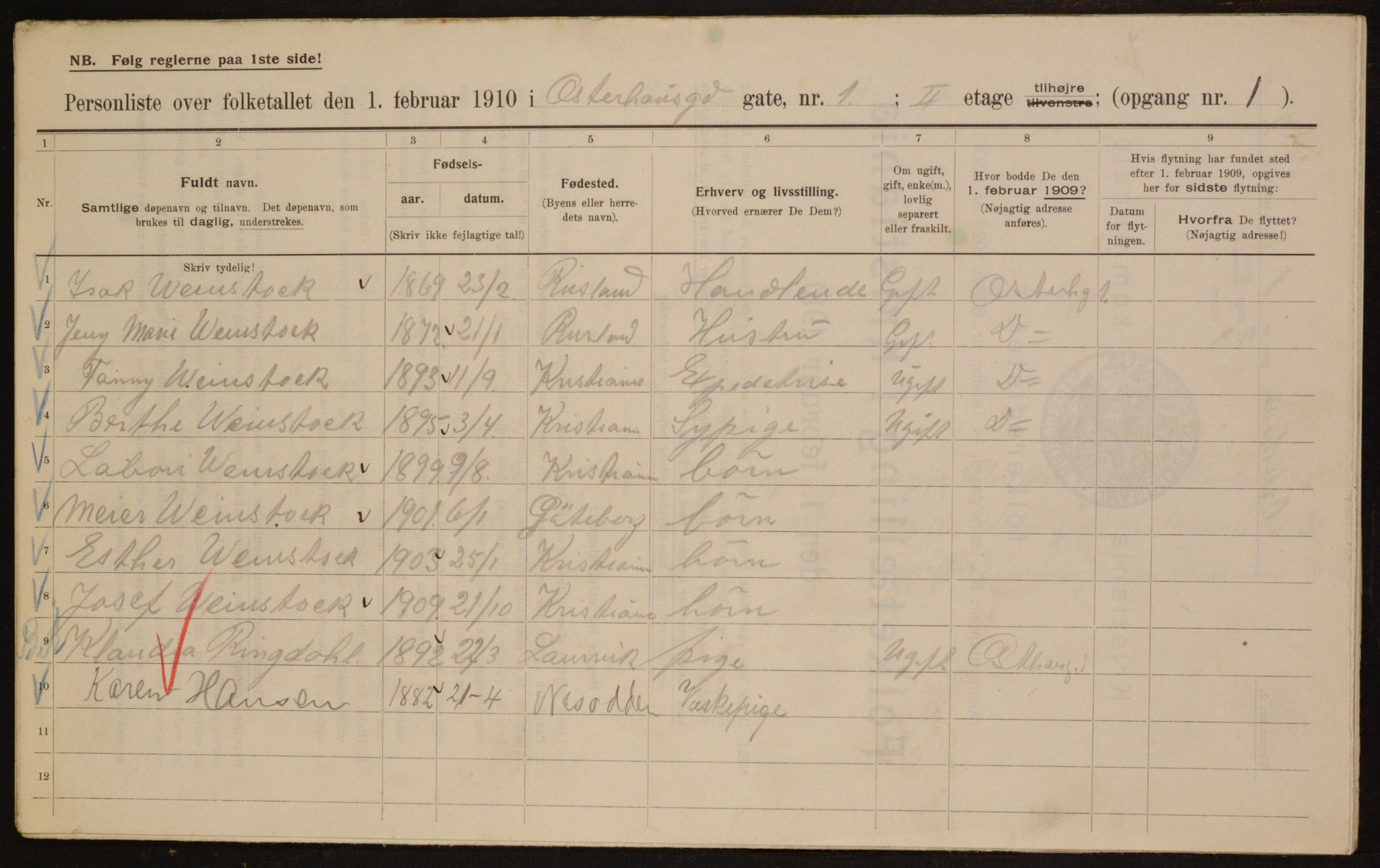 OBA, Municipal Census 1910 for Kristiania, 1910, p. 74447