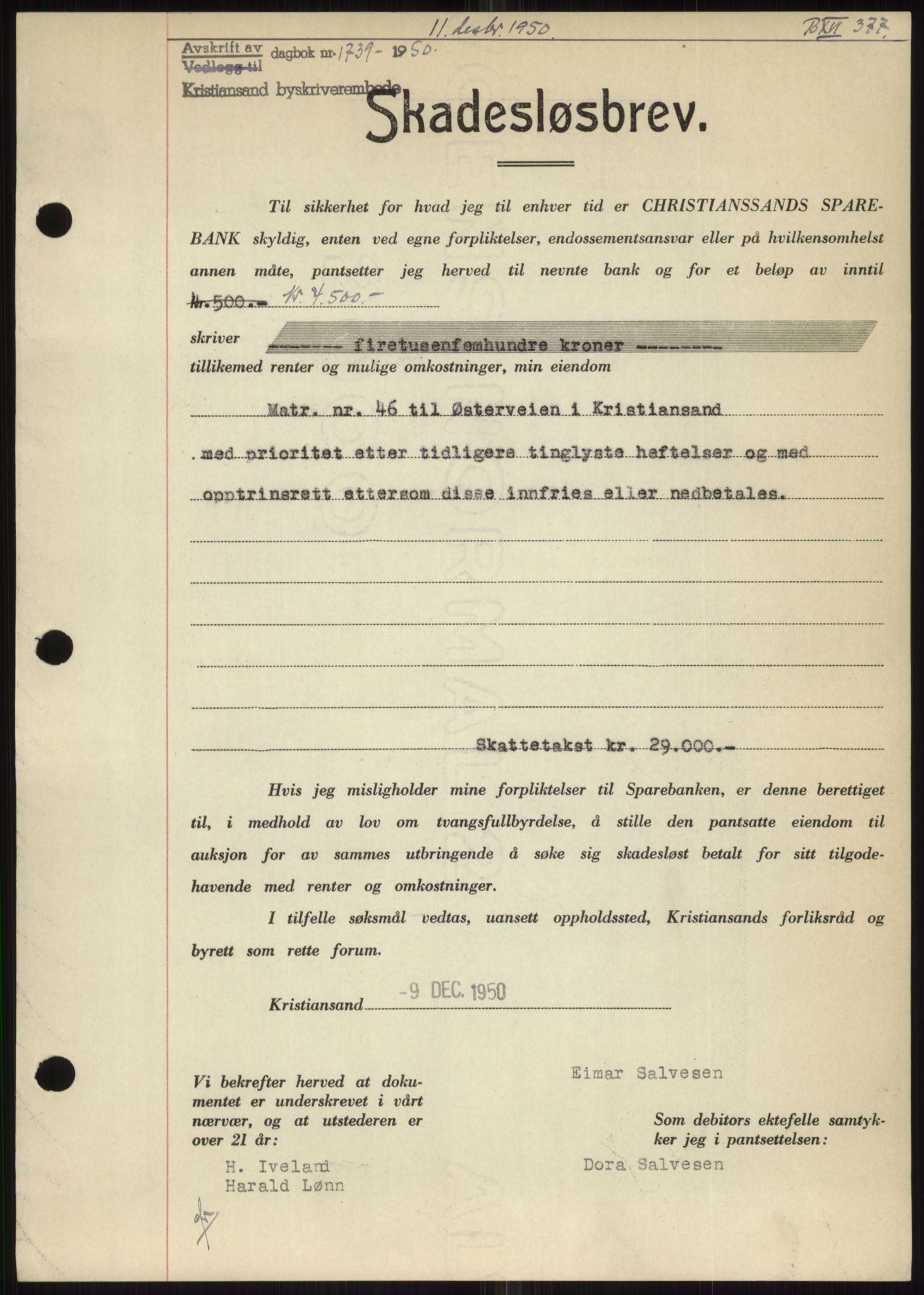 Kristiansand byrett, AV/SAK-1223-0001/G/Gb/Gbb/L0013: Mortgage book no. B 16, 1950-1950, Diary no: : 1739/1950