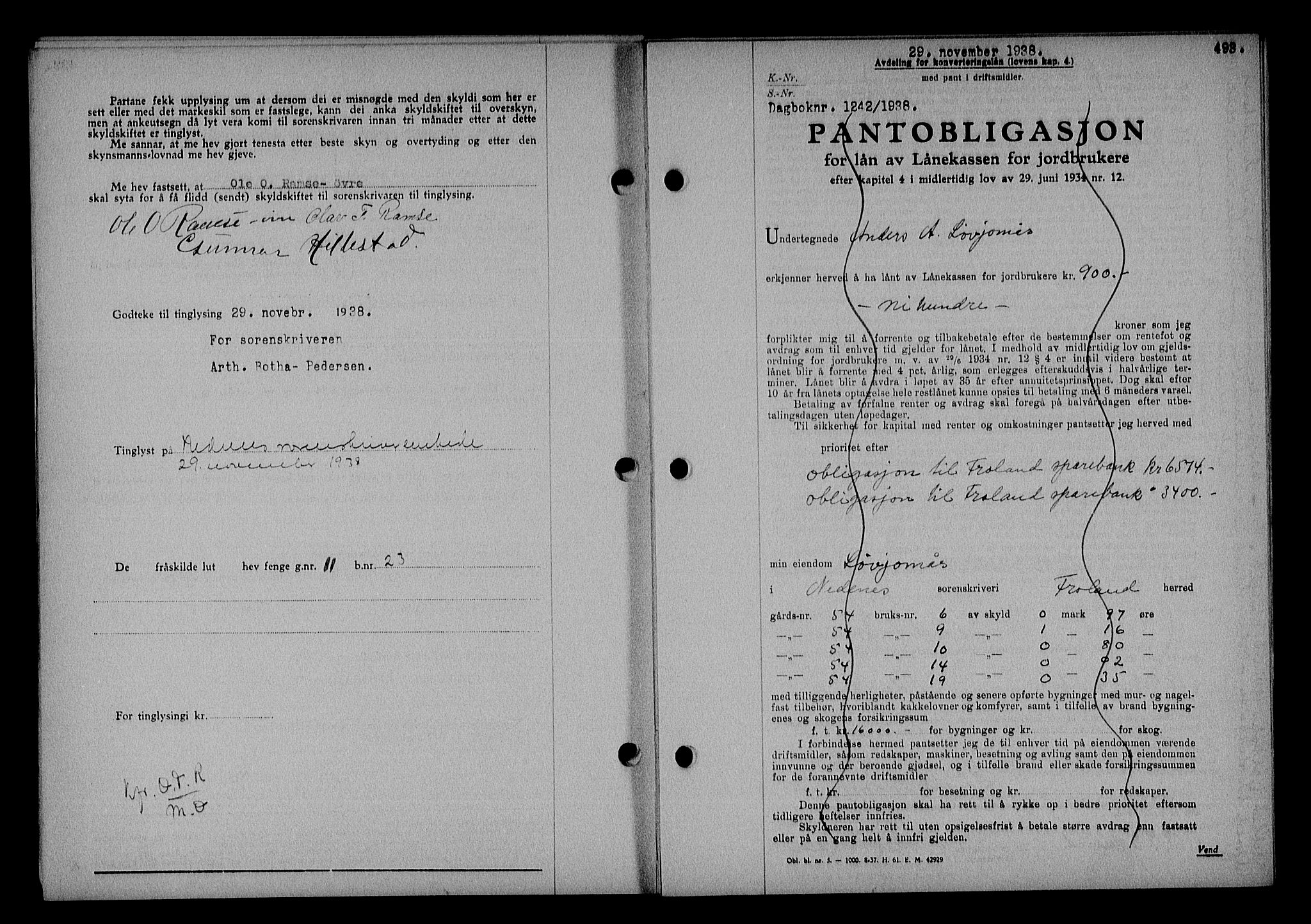 Nedenes sorenskriveri, SAK/1221-0006/G/Gb/Gba/L0045: Mortgage book no. 41, 1938-1938, Diary no: : 1242/1938