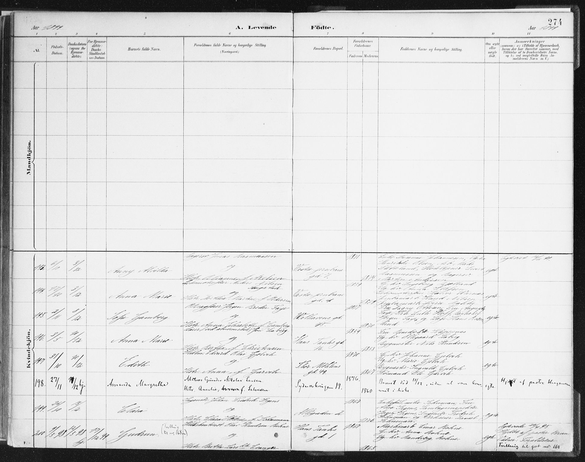 Johanneskirken sokneprestembete, AV/SAB-A-76001/H/Haa/L0001: Parish register (official) no. A 1, 1885-1900, p. 274