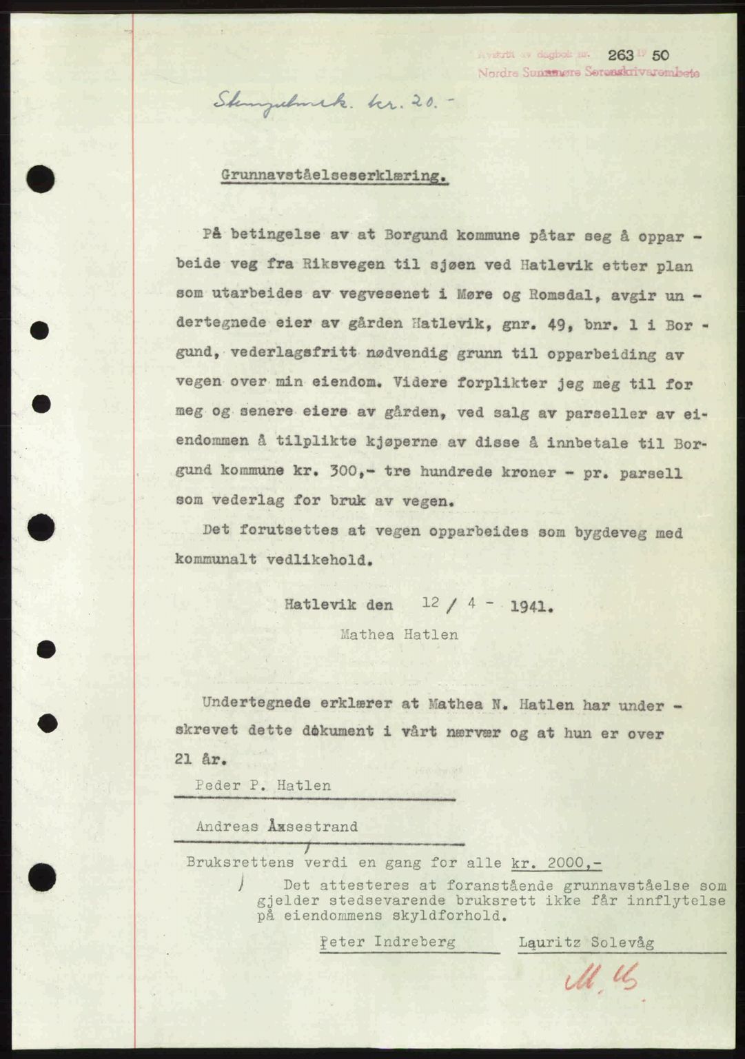 Nordre Sunnmøre sorenskriveri, AV/SAT-A-0006/1/2/2C/2Ca: Mortgage book no. A33, 1949-1950, Diary no: : 263/1950