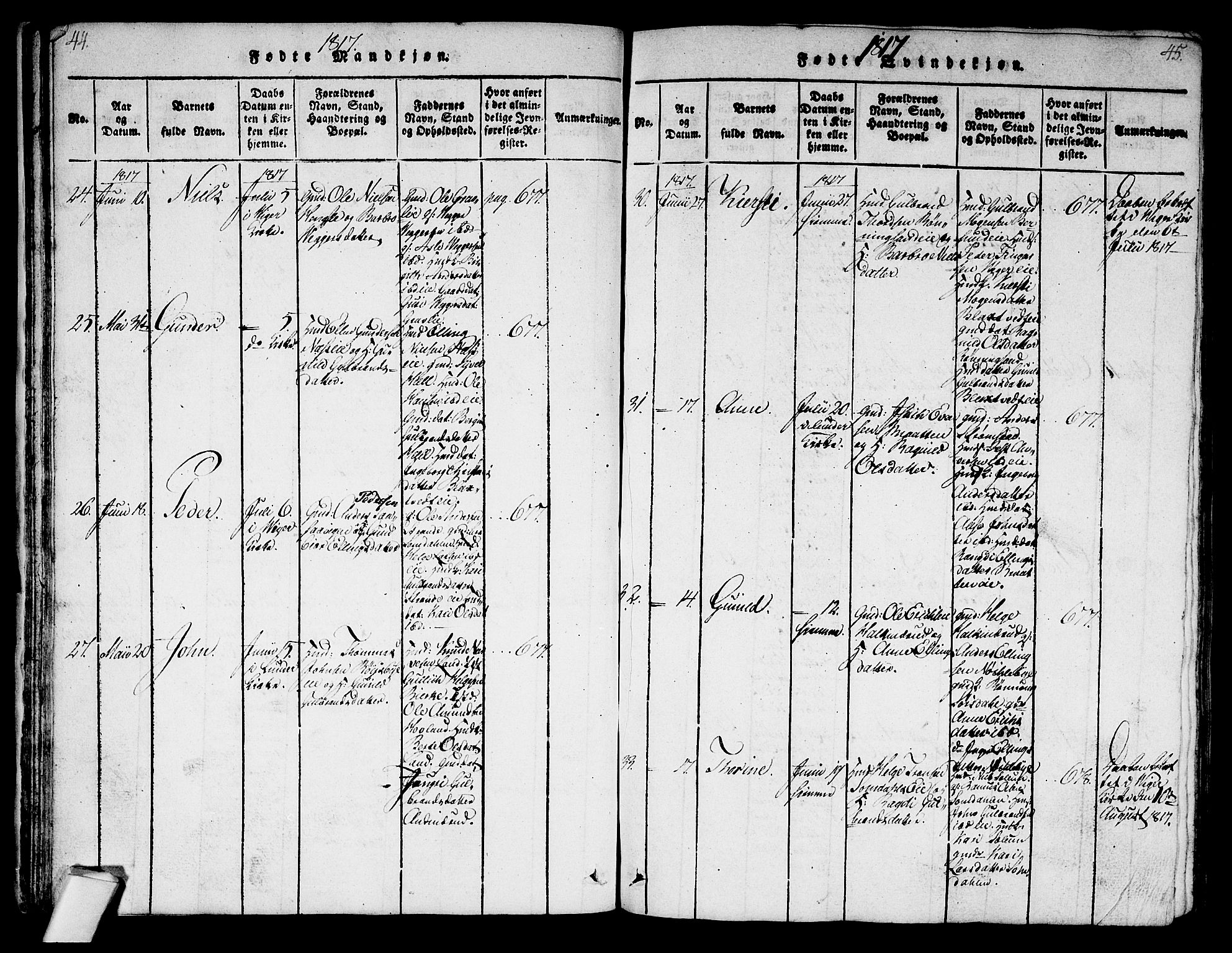 Norderhov kirkebøker, AV/SAKO-A-237/G/Ga/L0003: Parish register (copy) no. I 3 /2, 1814-1876, p. 44-45