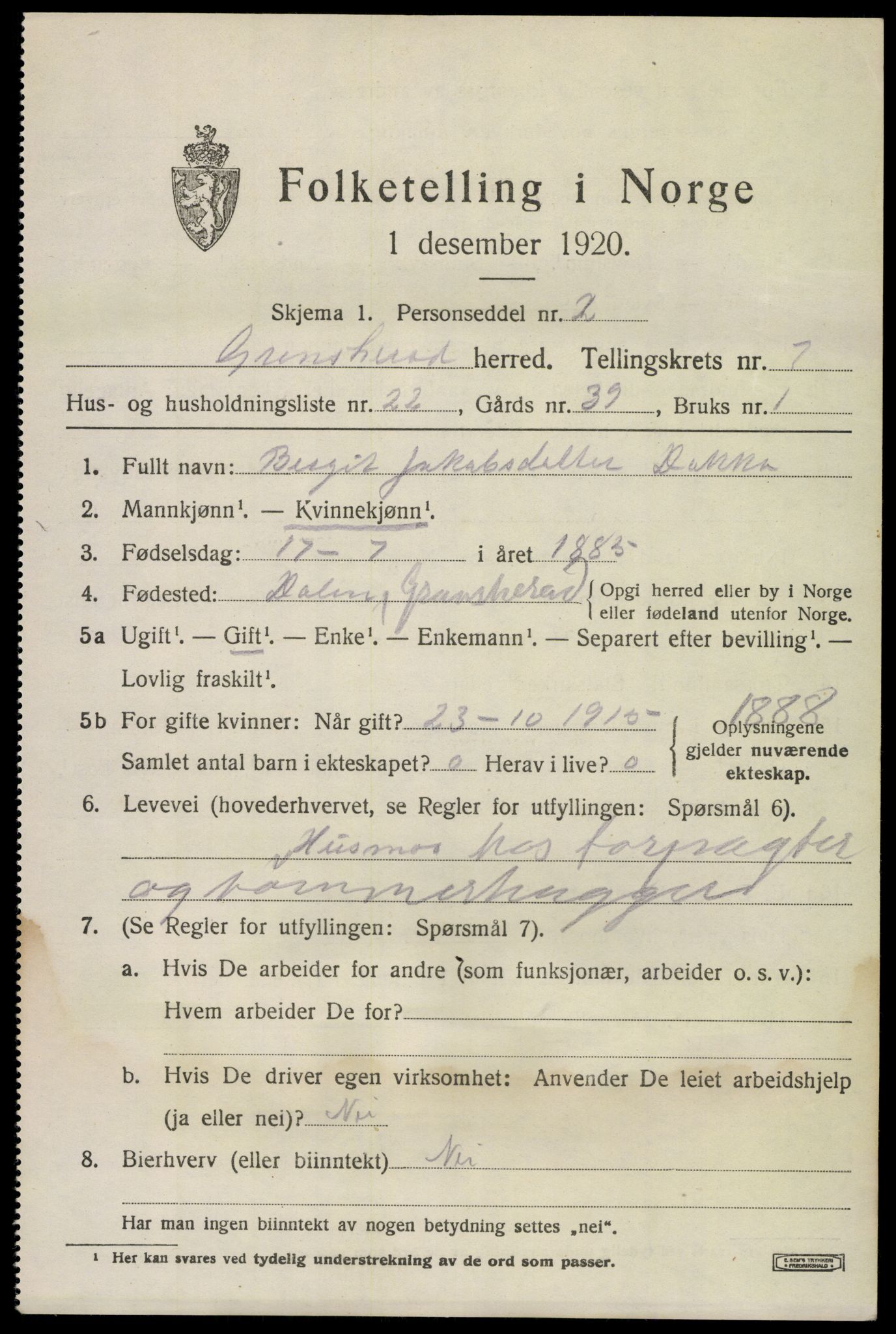 SAKO, 1920 census for Gransherad, 1920, p. 3132