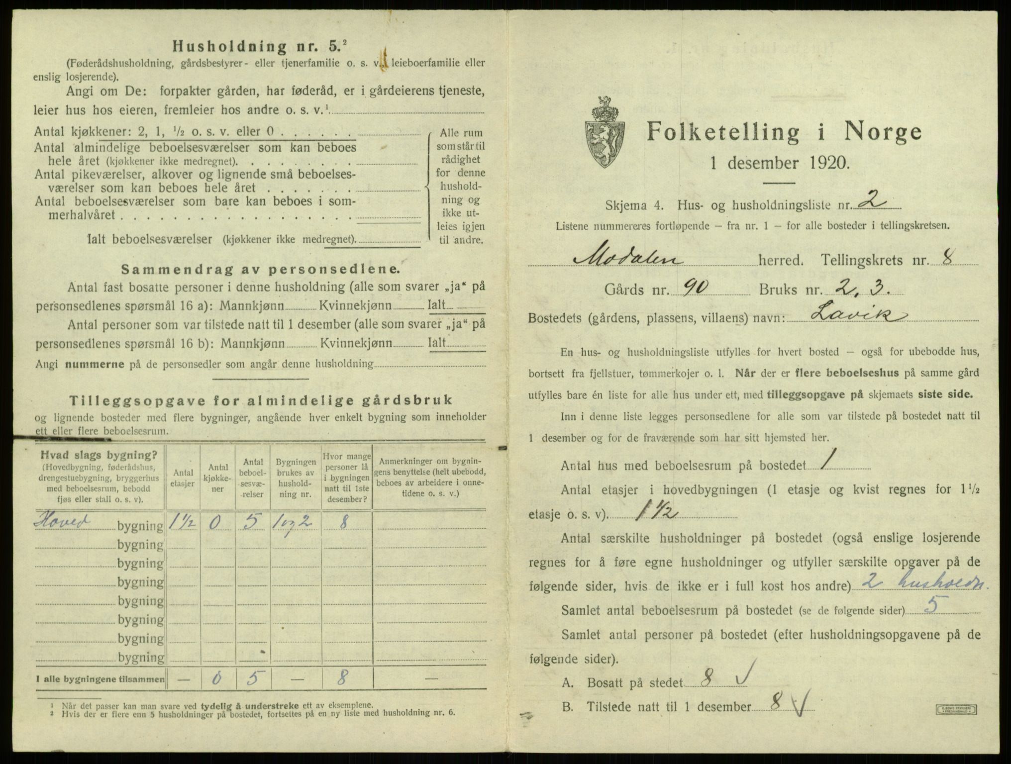 SAB, 1920 census for Modalen, 1920, p. 216