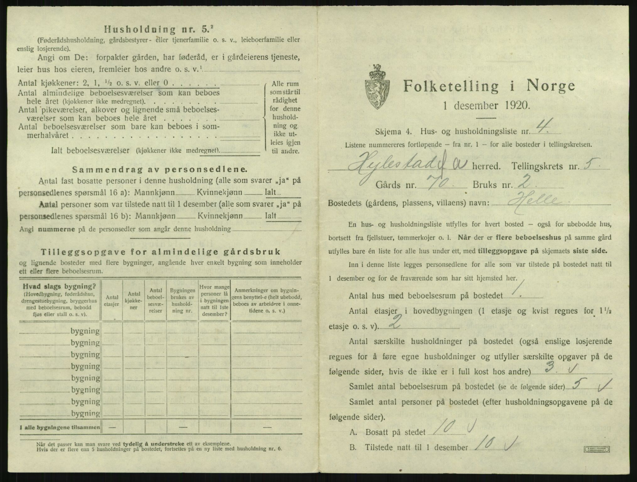 SAK, 1920 census for Hylestad, 1920, p. 242