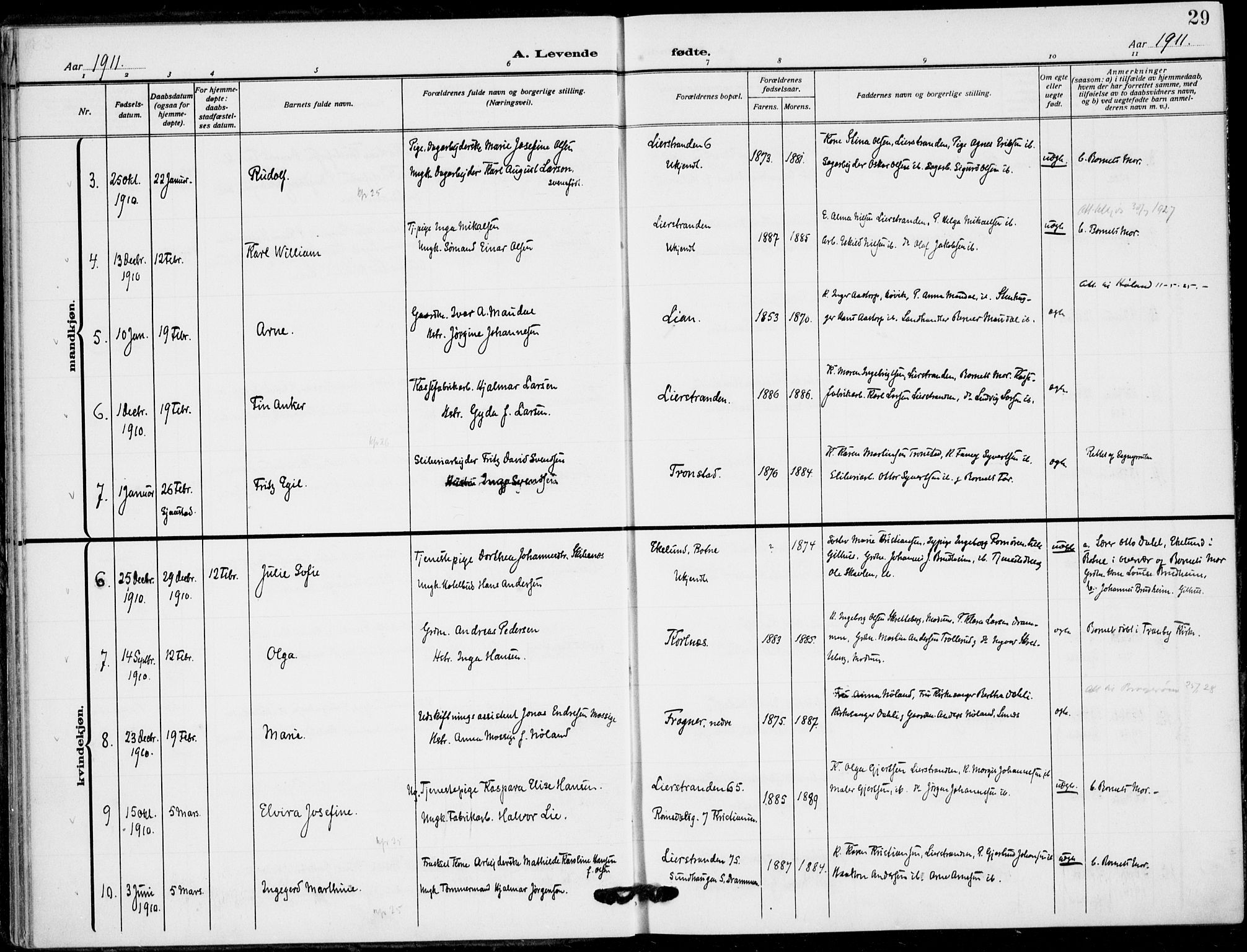 Lier kirkebøker, SAKO/A-230/F/Fa/L0018: Parish register (official) no. I 18, 1909-1917, p. 29