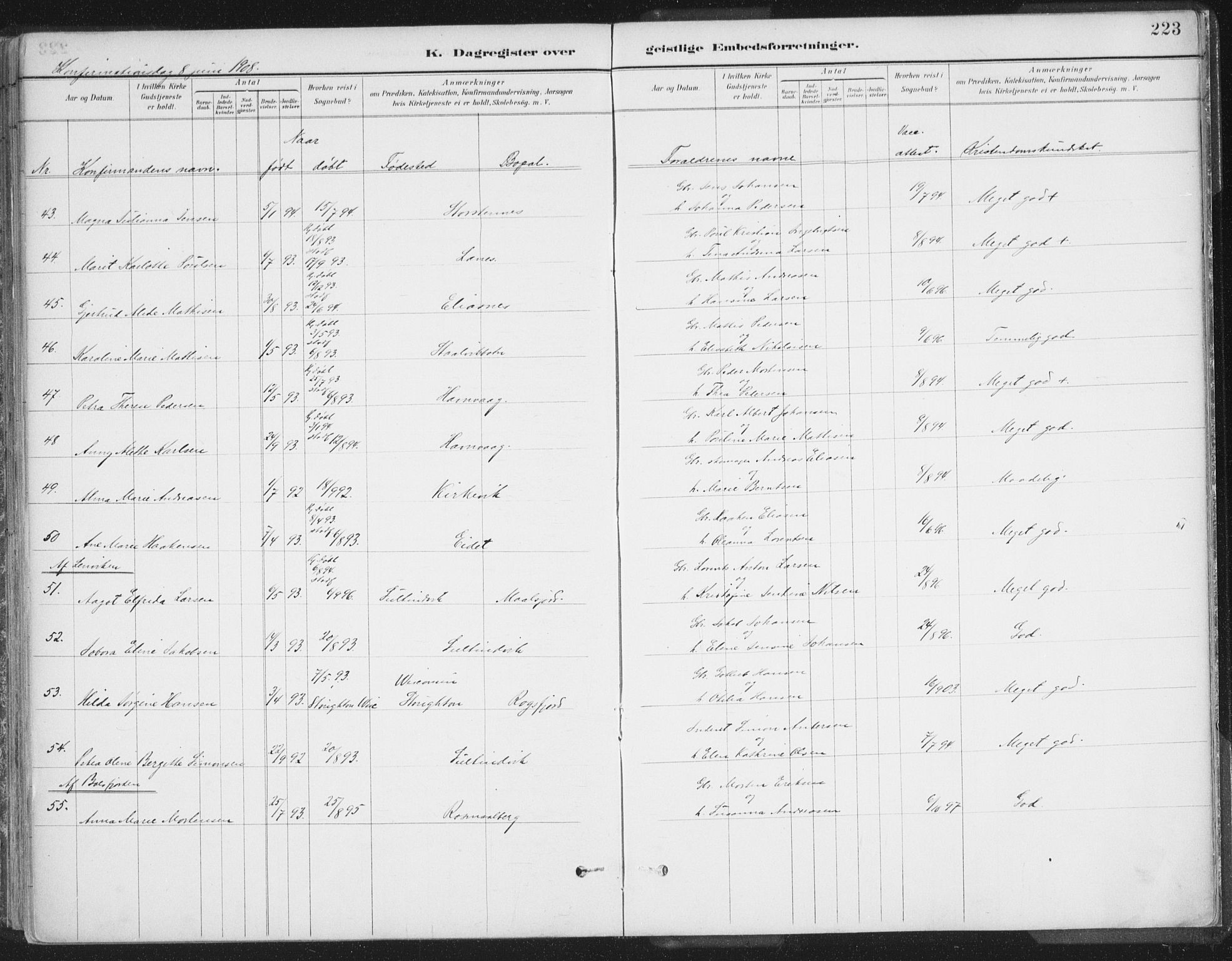 Balsfjord sokneprestembete, AV/SATØ-S-1303/G/Ga/L0007kirke: Parish register (official) no. 7, 1887-1909, p. 223