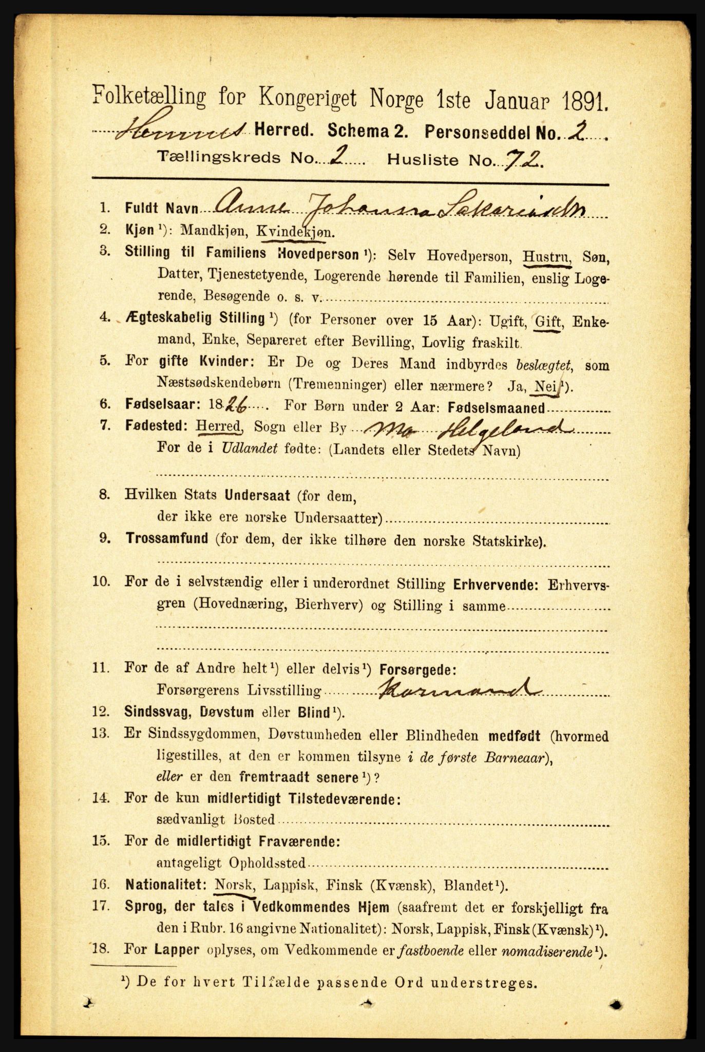 RA, 1891 census for 1832 Hemnes, 1891, p. 1720