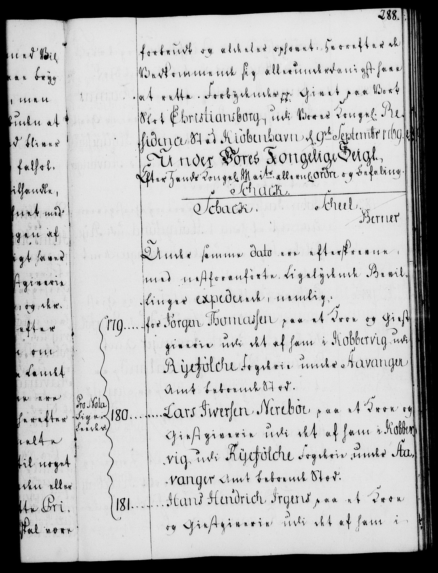 Rentekammeret, Kammerkanselliet, RA/EA-3111/G/Gg/Gga/L0008: Norsk ekspedisjonsprotokoll med register (merket RK 53.8), 1768-1771, p. 288