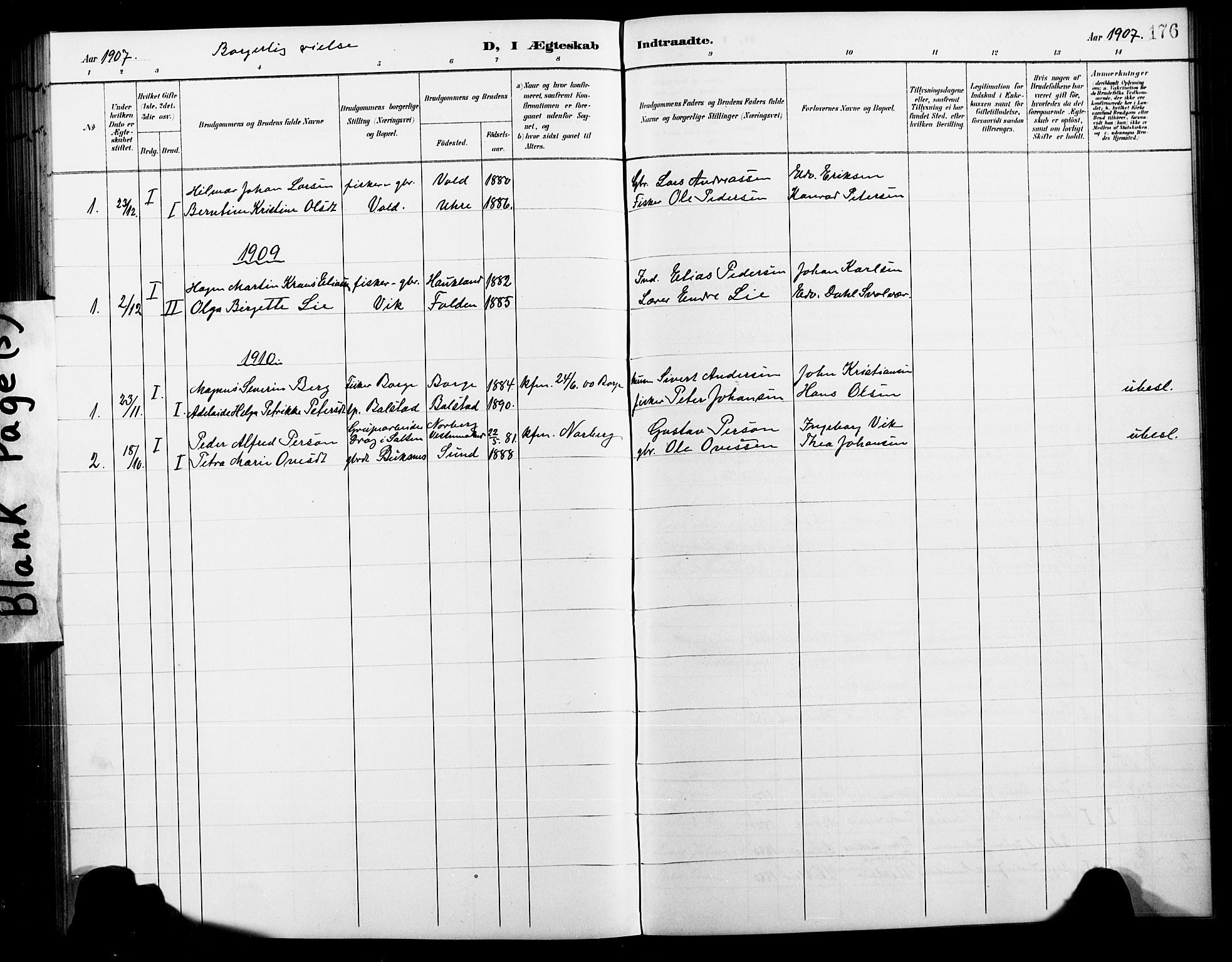 Ministerialprotokoller, klokkerbøker og fødselsregistre - Nordland, AV/SAT-A-1459/881/L1168: Parish register (copy) no. 881C05, 1900-1911, p. 176