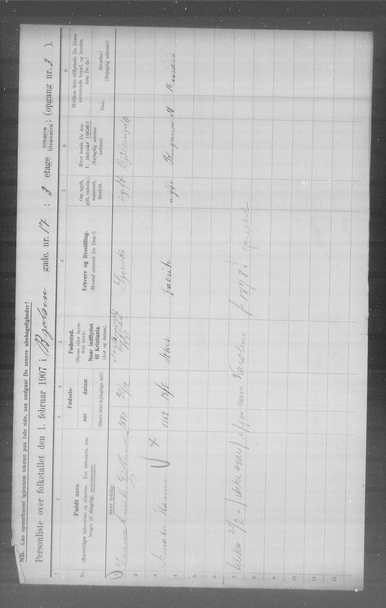 OBA, Municipal Census 1907 for Kristiania, 1907, p. 3441