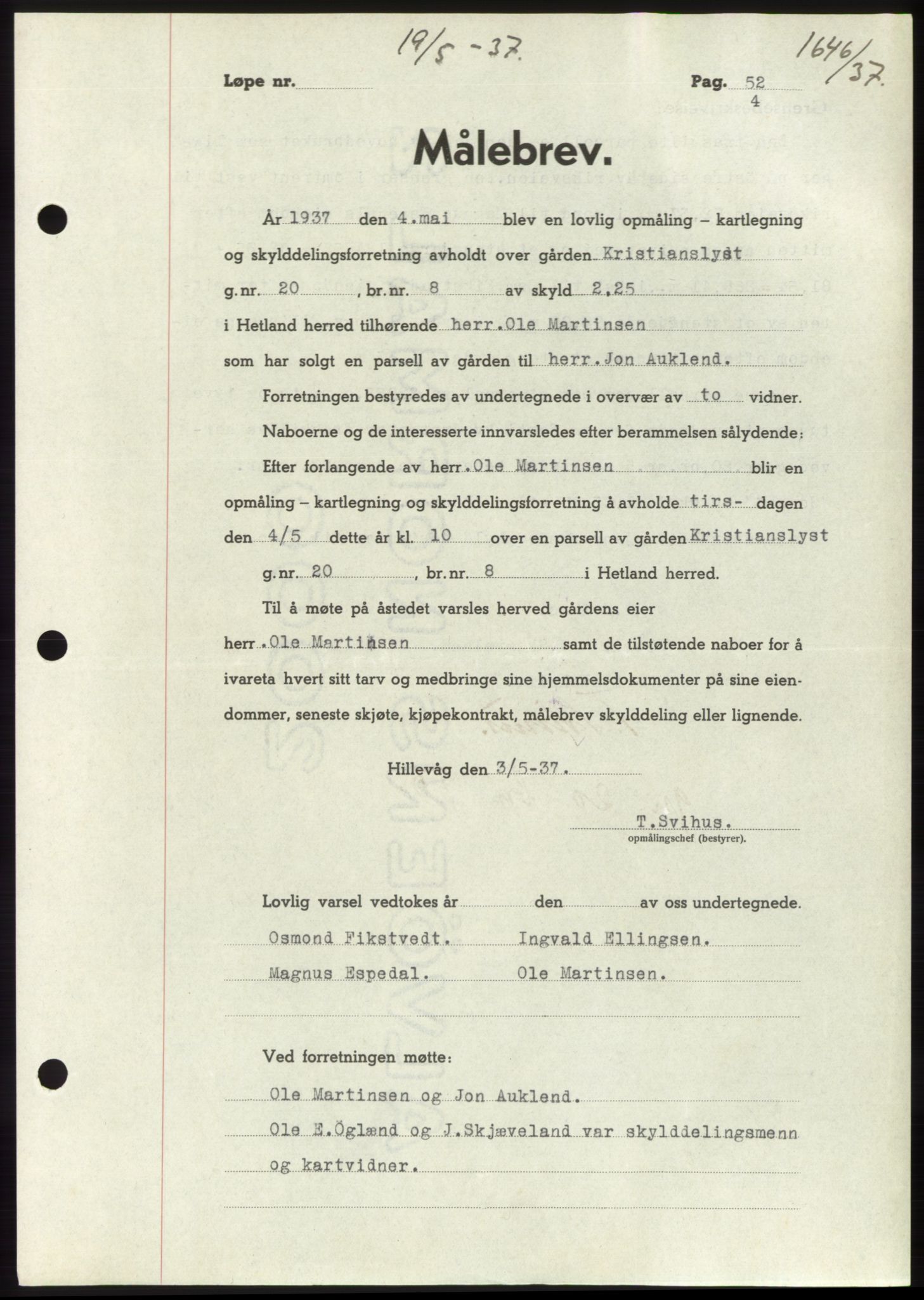 Jæren sorenskriveri, SAST/A-100310/03/G/Gba/L0068: Mortgage book no. 73-, 1937-1937, Diary no: : 1646/1937