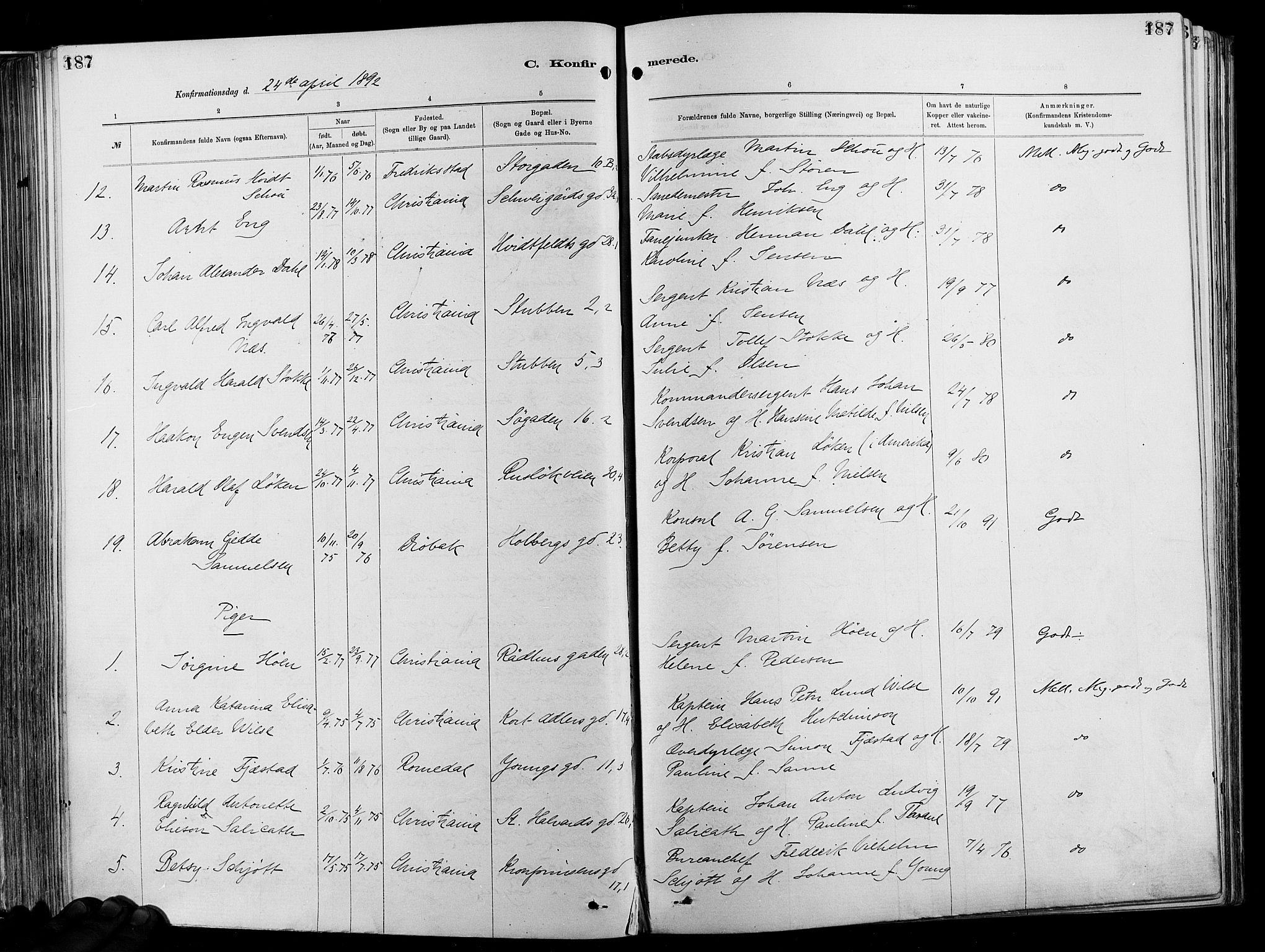 Garnisonsmenigheten Kirkebøker, AV/SAO-A-10846/F/Fa/L0012: Parish register (official) no. 12, 1880-1893, p. 187