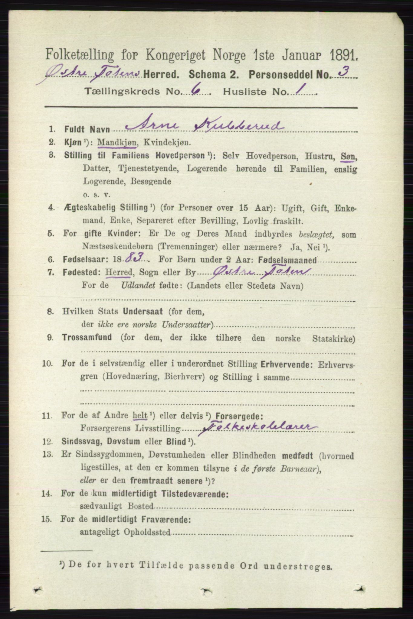 RA, 1891 census for 0528 Østre Toten, 1891, p. 3784