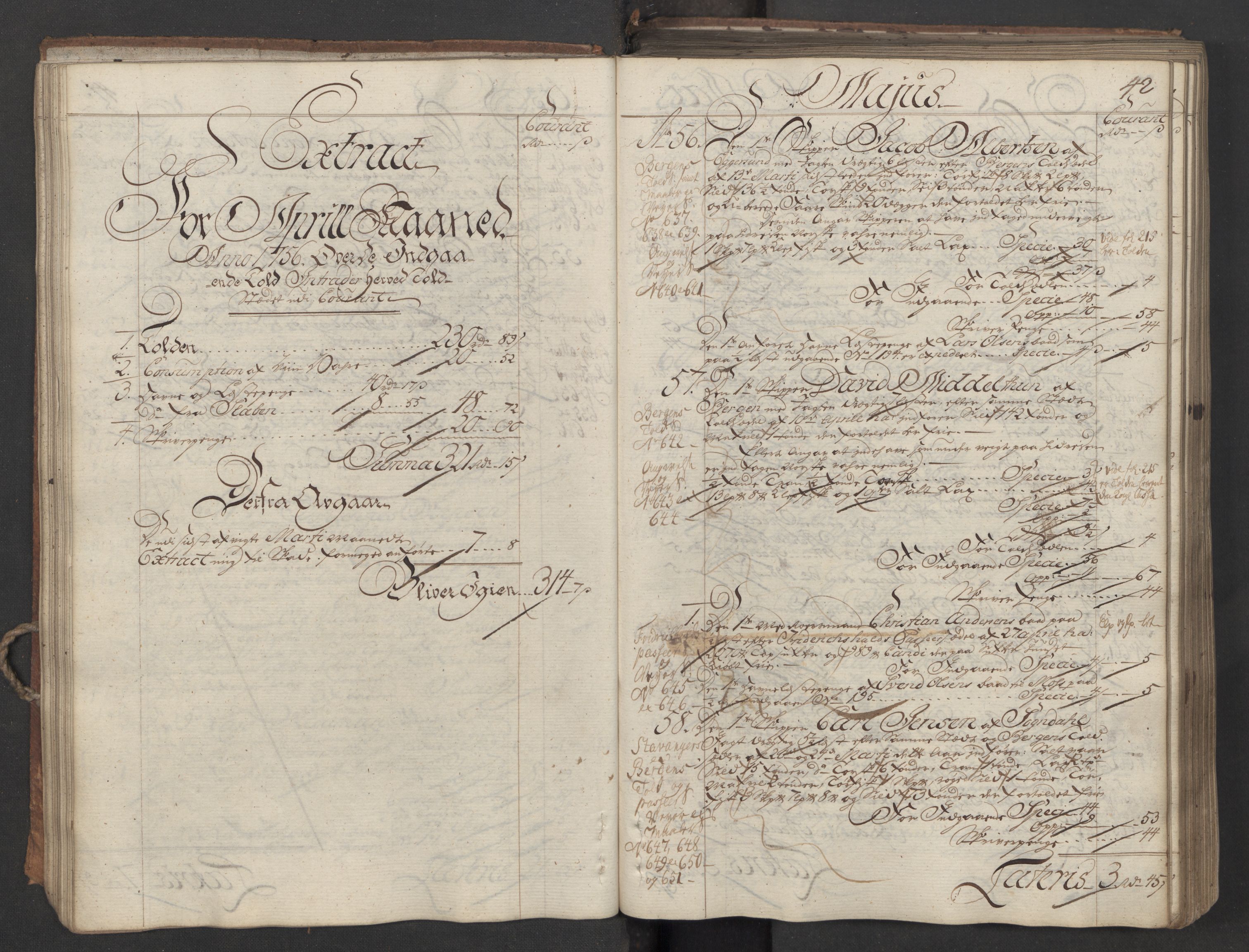 Generaltollkammeret, tollregnskaper, AV/RA-EA-5490/R06/L0037/0001: Tollregnskaper Kristiania / Inngående hovedtollbok, 1756, p. 41b-42a