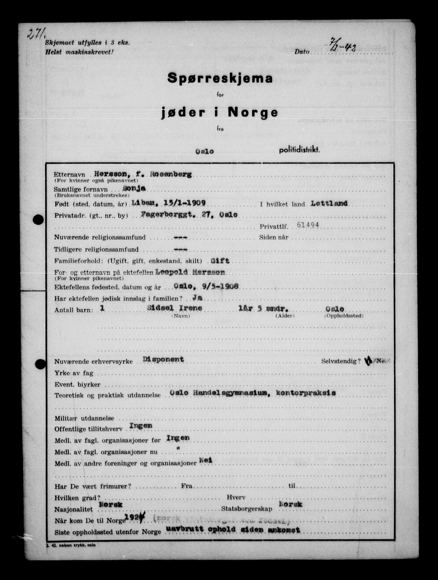 Statspolitiet - Hovedkontoret / Osloavdelingen, AV/RA-S-1329/G/Ga/L0010: Spørreskjema for jøder i Norge: Jøder bosatt i Oslo, Hansen - Pintzow, 1942, p. 27
