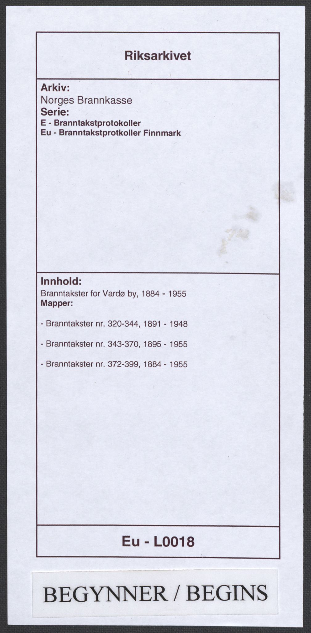 Norges Brannkasse, RA/S-1549/E/Eu/L0018: Branntakster for Vardø by, 1884-1955, p. 1