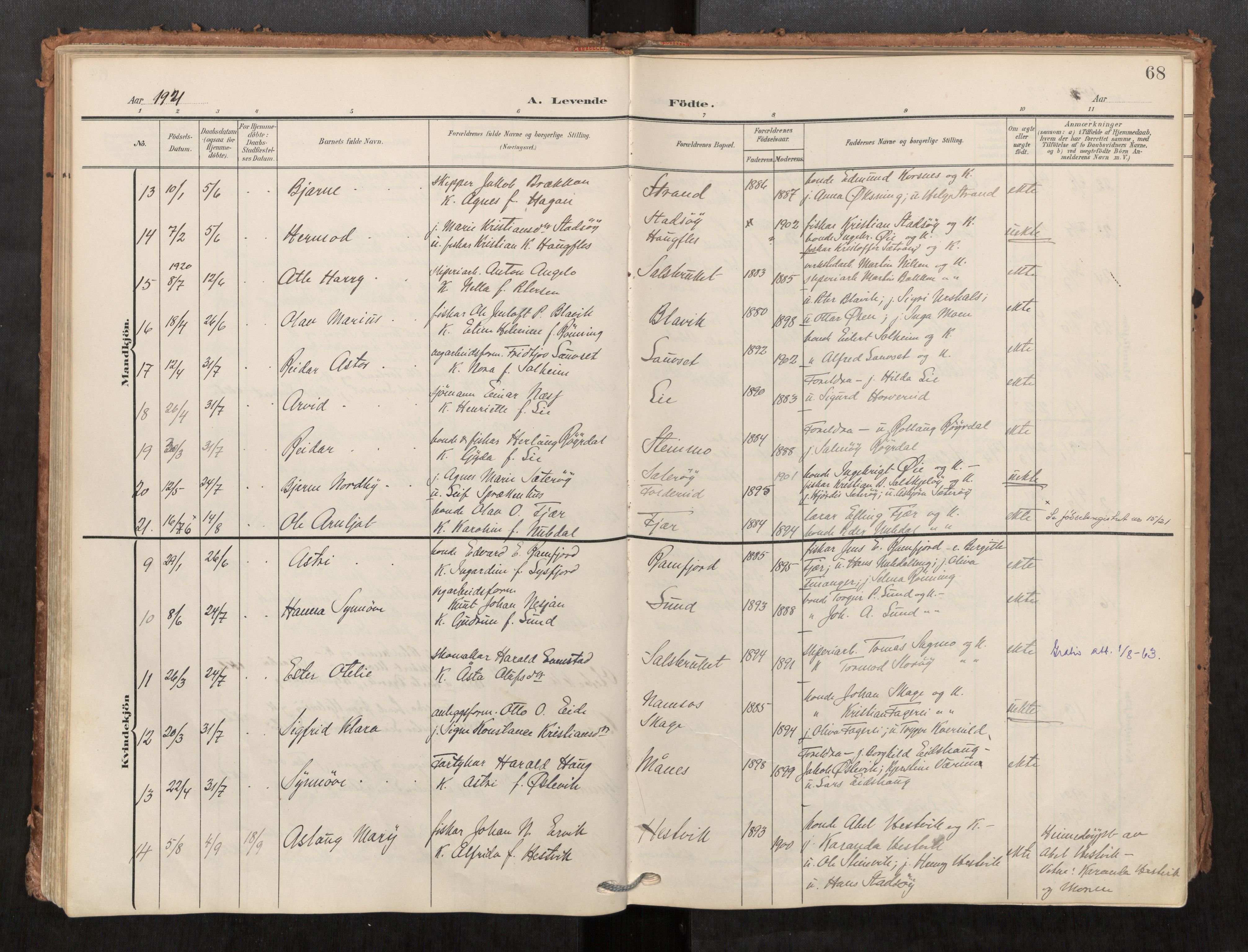 Kolvereid sokneprestkontor, SAT/A-1171/H/Ha/Haa/L0001: Parish register (official) no. 1, 1903-1922, p. 68