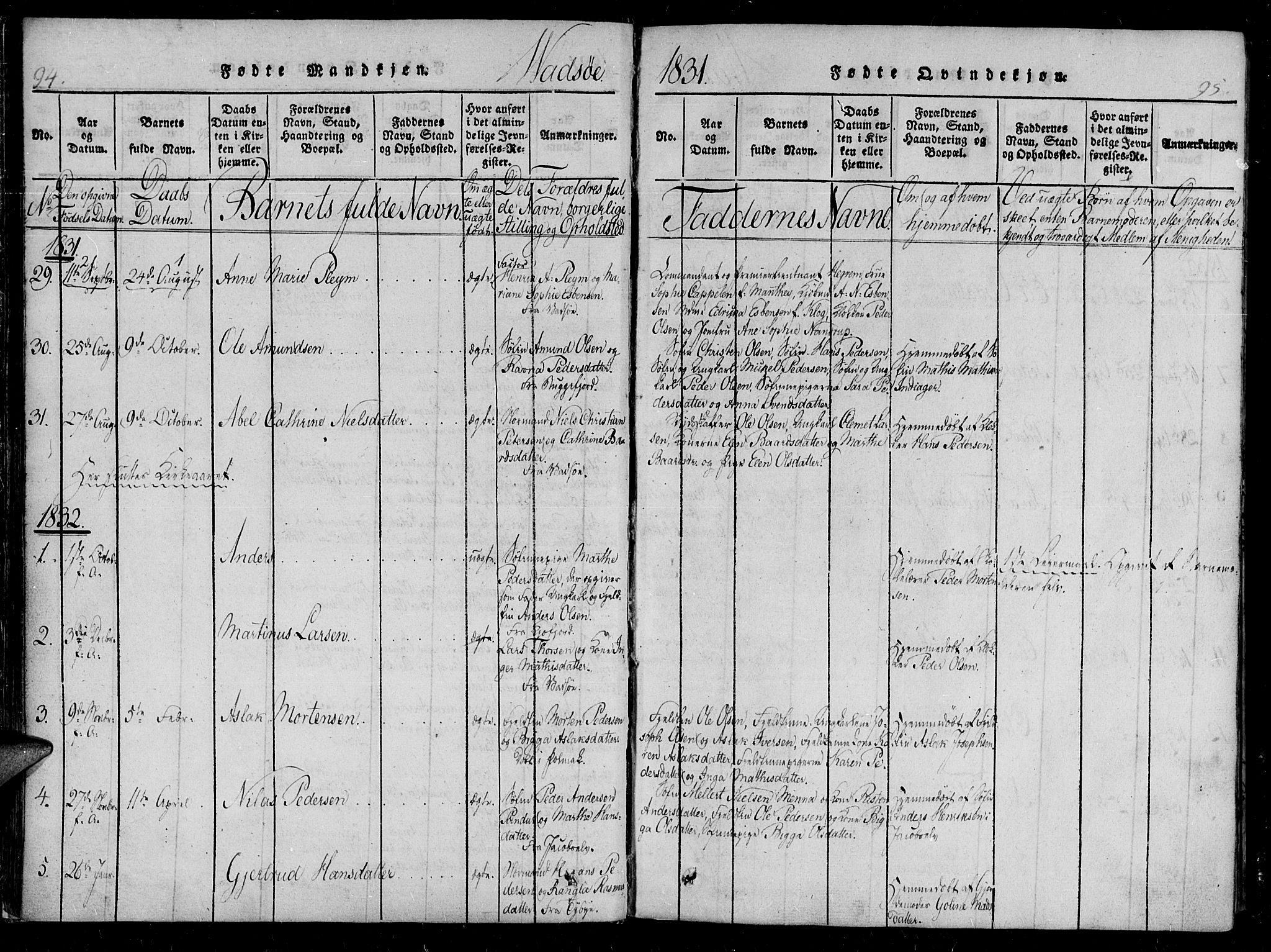 Vadsø sokneprestkontor, AV/SATØ-S-1325/H/Ha/L0003kirke: Parish register (official) no. 3 /1, 1821-1839, p. 94-95