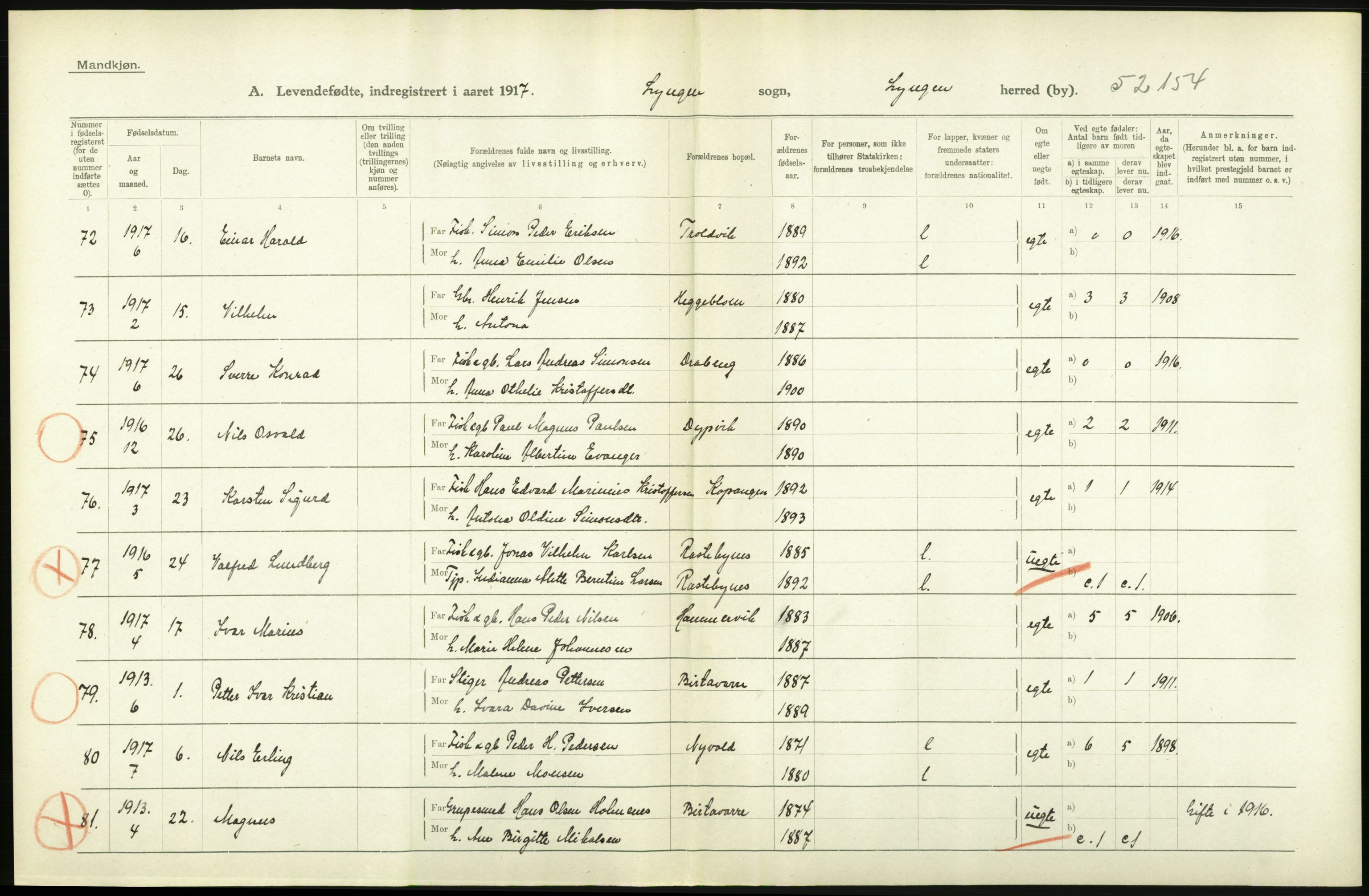 Statistisk sentralbyrå, Sosiodemografiske emner, Befolkning, AV/RA-S-2228/D/Df/Dfb/Dfbg/L0053: Tromsø amt: Levendefødte menn og kvinner. Bygder og byer., 1917, p. 216