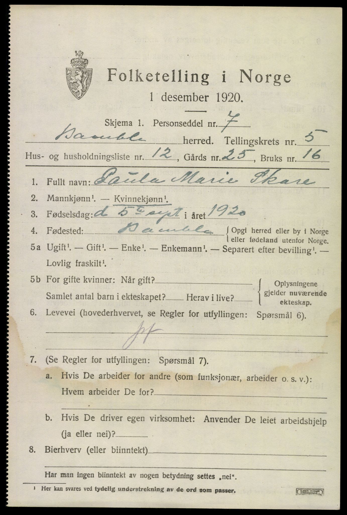 SAKO, 1920 census for Bamble, 1920, p. 5107