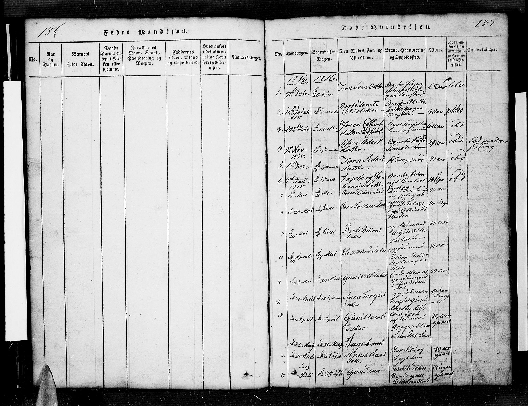 Sirdal sokneprestkontor, SAK/1111-0036/F/Fb/Fbb/L0001: Parish register (copy) no. B 1, 1815-1834, p. 186-187