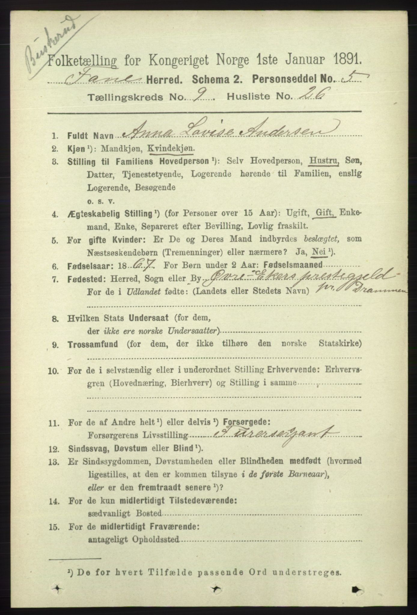 RA, 1891 census for 1249 Fana, 1891, p. 5002