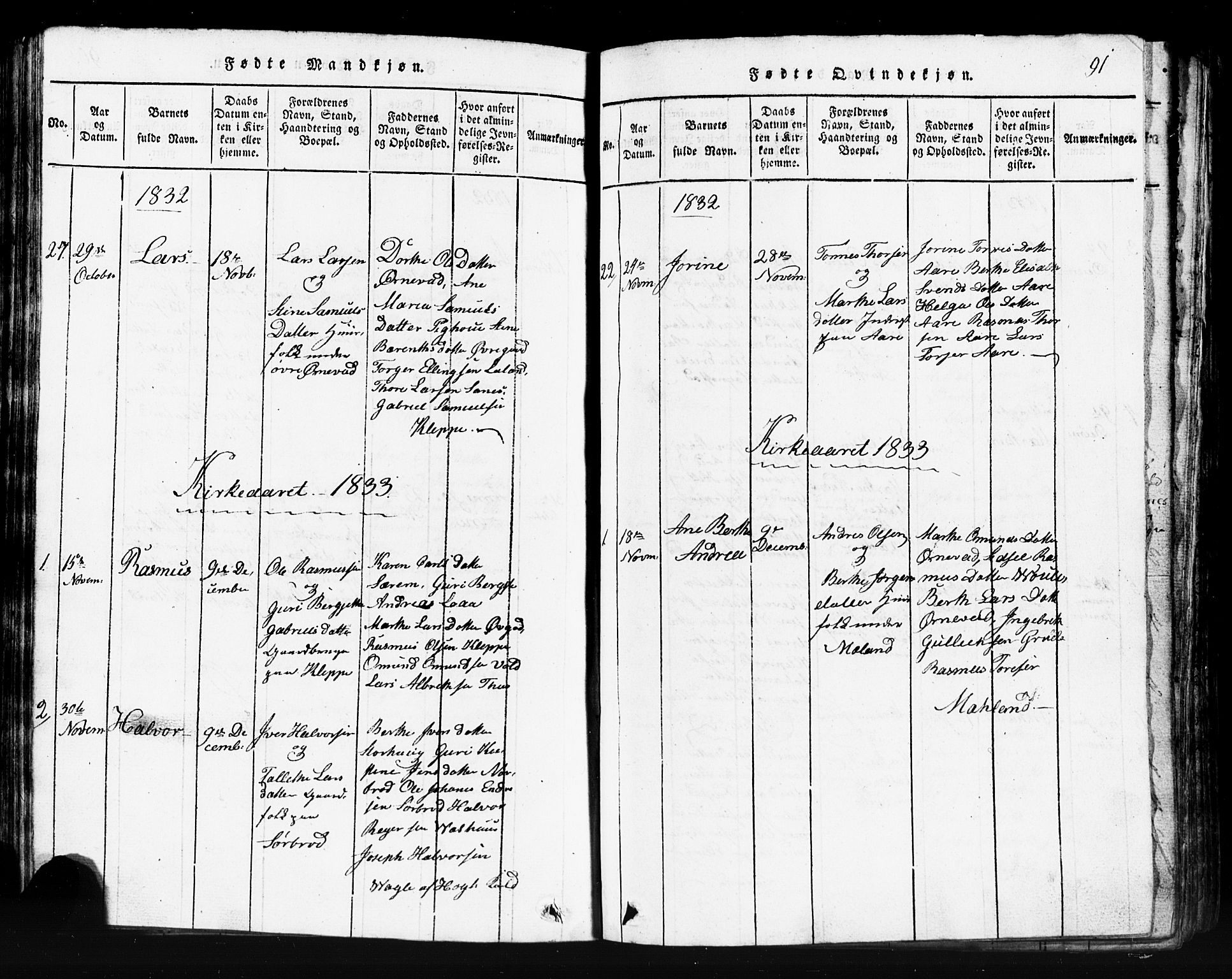 Klepp sokneprestkontor, AV/SAST-A-101803/001/3/30BB/L0001: Parish register (copy) no.  B 1, 1816-1859, p. 91