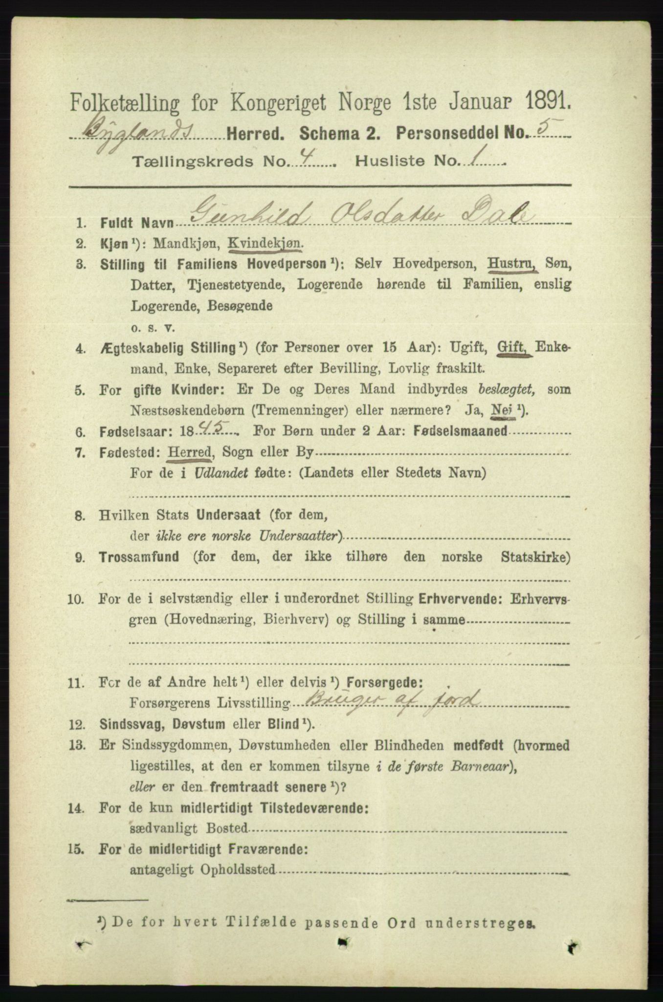 RA, 1891 census for 0938 Bygland, 1891, p. 856