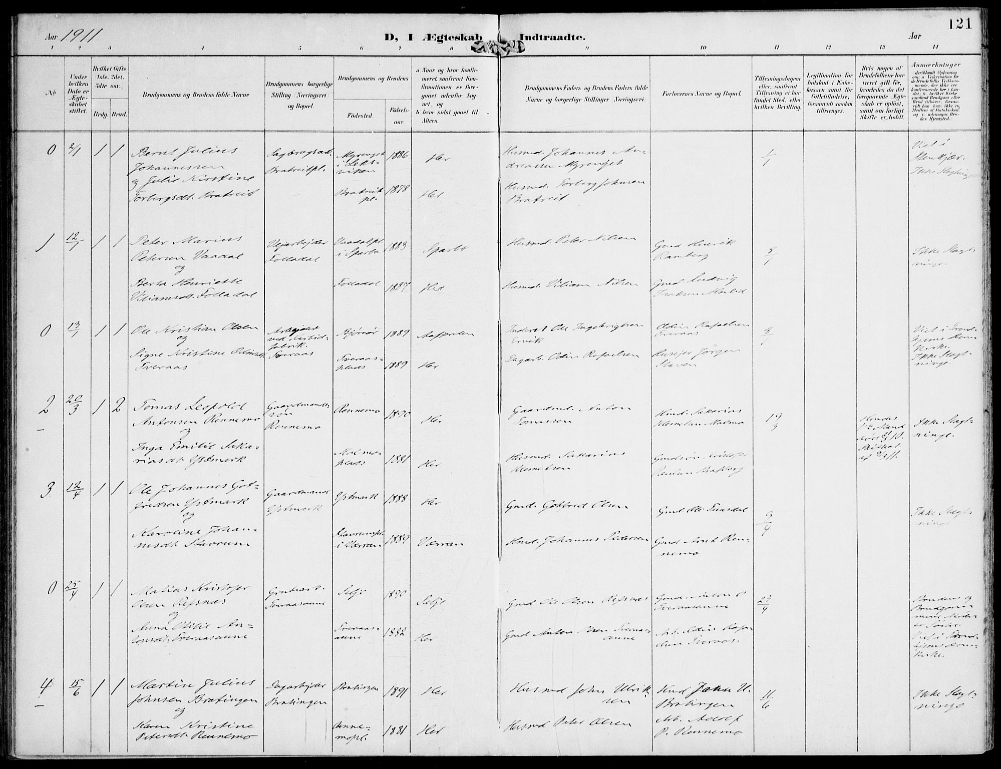 Ministerialprotokoller, klokkerbøker og fødselsregistre - Nord-Trøndelag, AV/SAT-A-1458/745/L0430: Parish register (official) no. 745A02, 1895-1913, p. 121