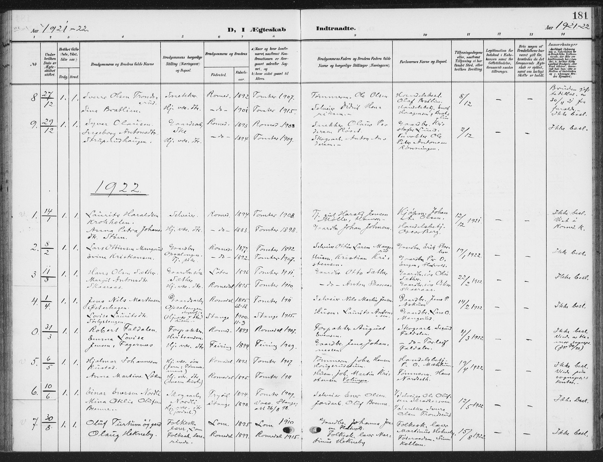 Romedal prestekontor, SAH/PREST-004/K/L0009: Parish register (official) no. 9, 1906-1929, p. 181