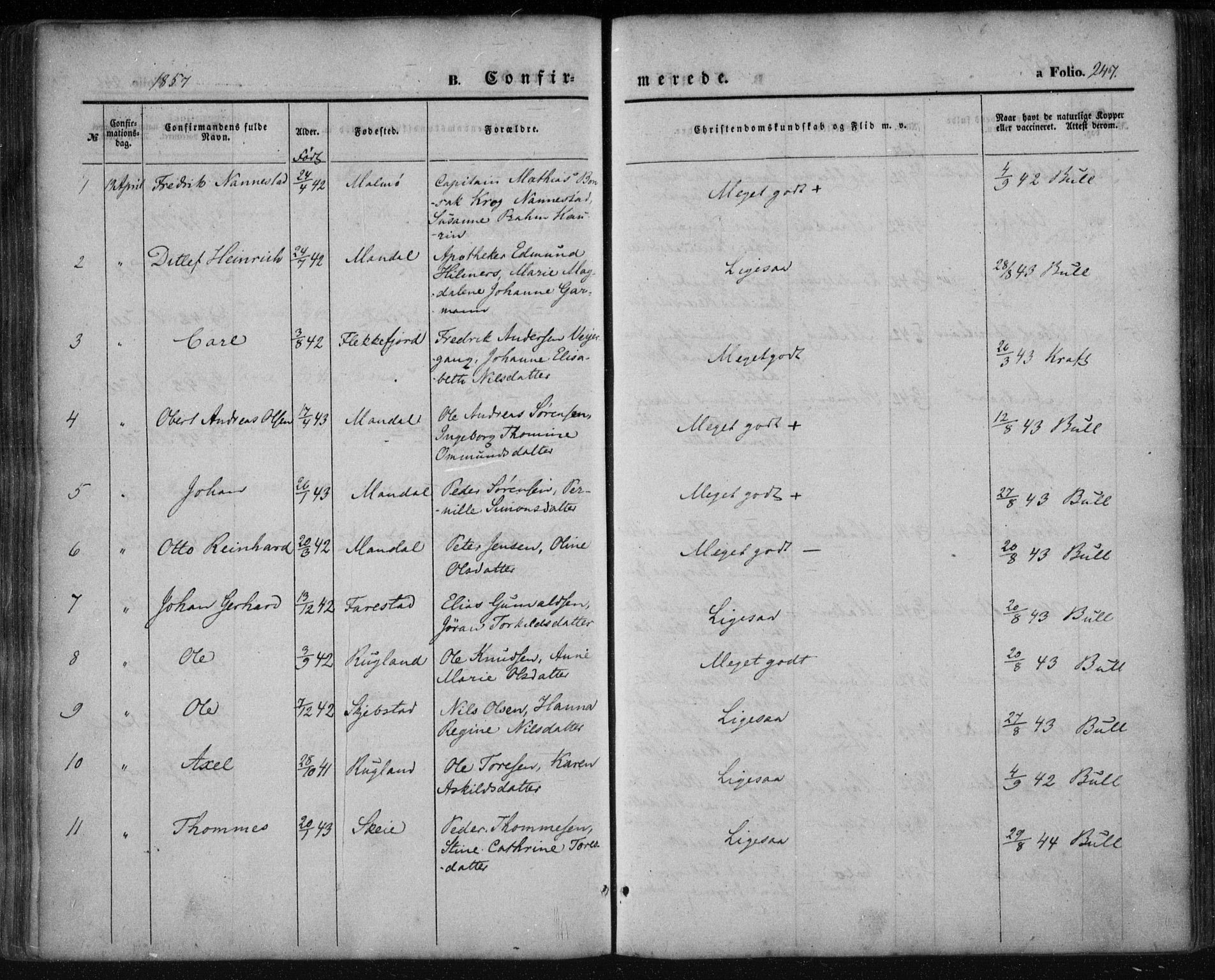 Mandal sokneprestkontor, SAK/1111-0030/F/Fa/Faa/L0013: Parish register (official) no. A 13, 1847-1859, p. 247