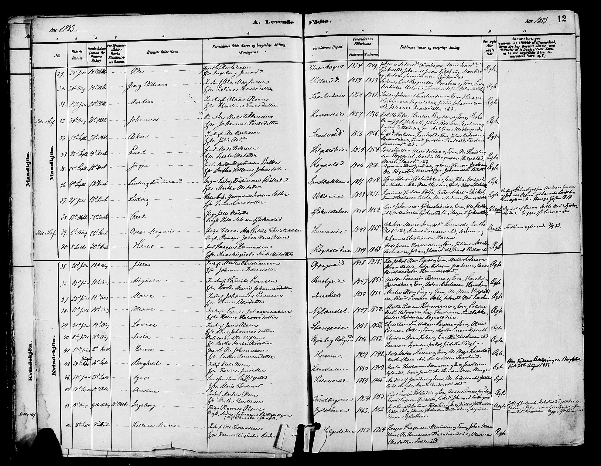 Østre Toten prestekontor, SAH/PREST-104/H/Ha/Haa/L0007: Parish register (official) no. 7, 1881-1896, p. 12